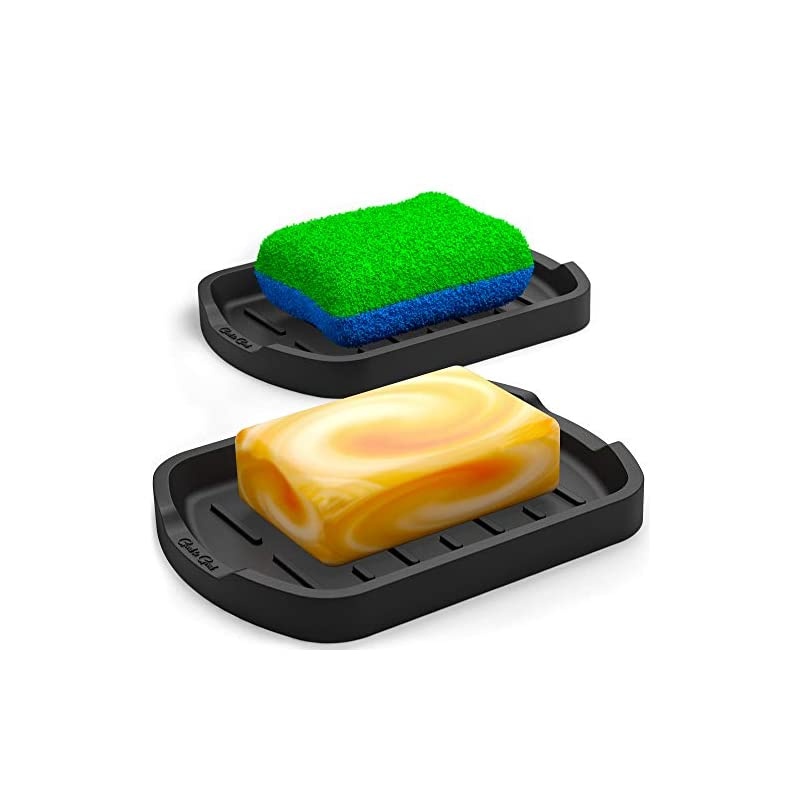 Sponge holder - Soap holder - Silicone Organizer Tray Set of 2 - for Spoon rest, Sponges, Soap Dispenser, Scrubber, and Other Dishwashing Accessories - Black
