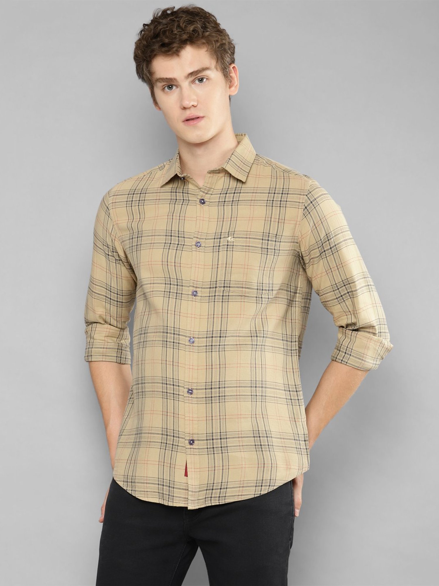 Allen cooper Beige Regular Fit Check Cotton Shirt