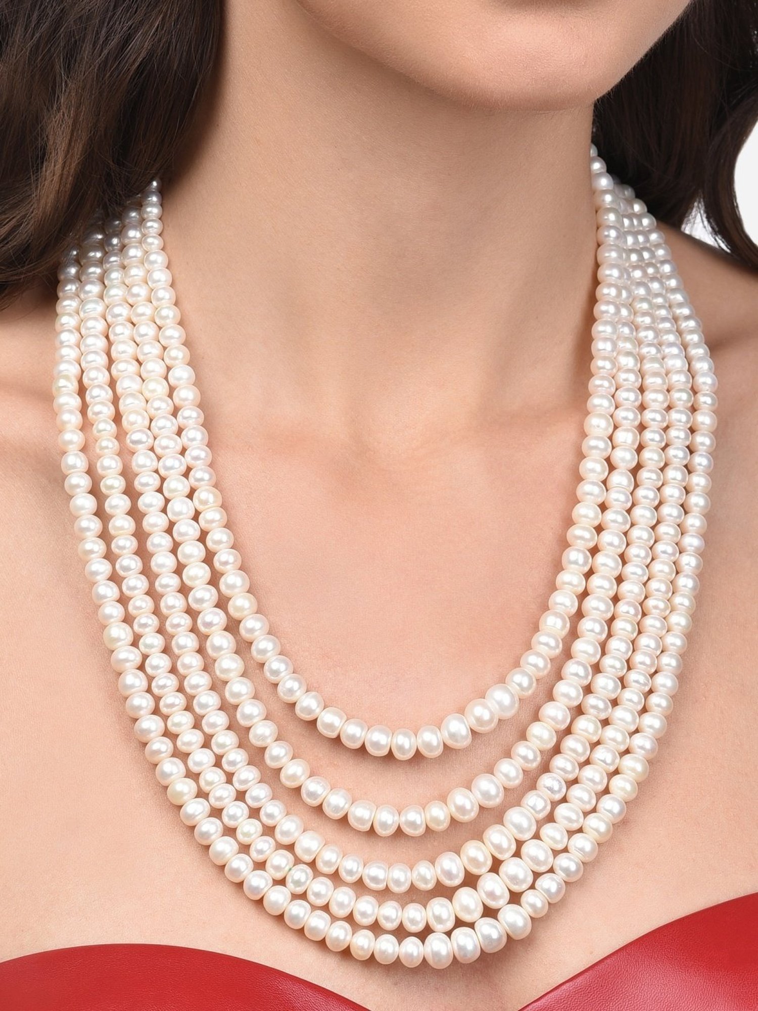 Zaveri Pearls White Freshwater 5Mm-10Mm Graduation Button Pearls Multi Layers Necklace-ZPFK13818