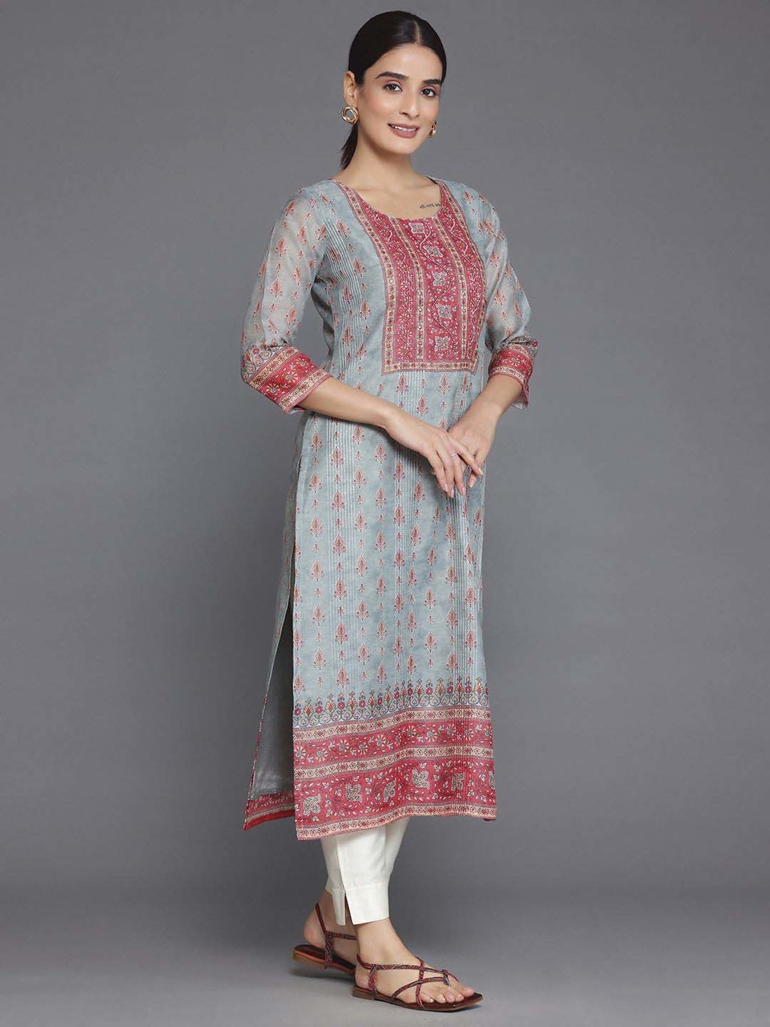 Libas Grey Printed Straight Kurta
