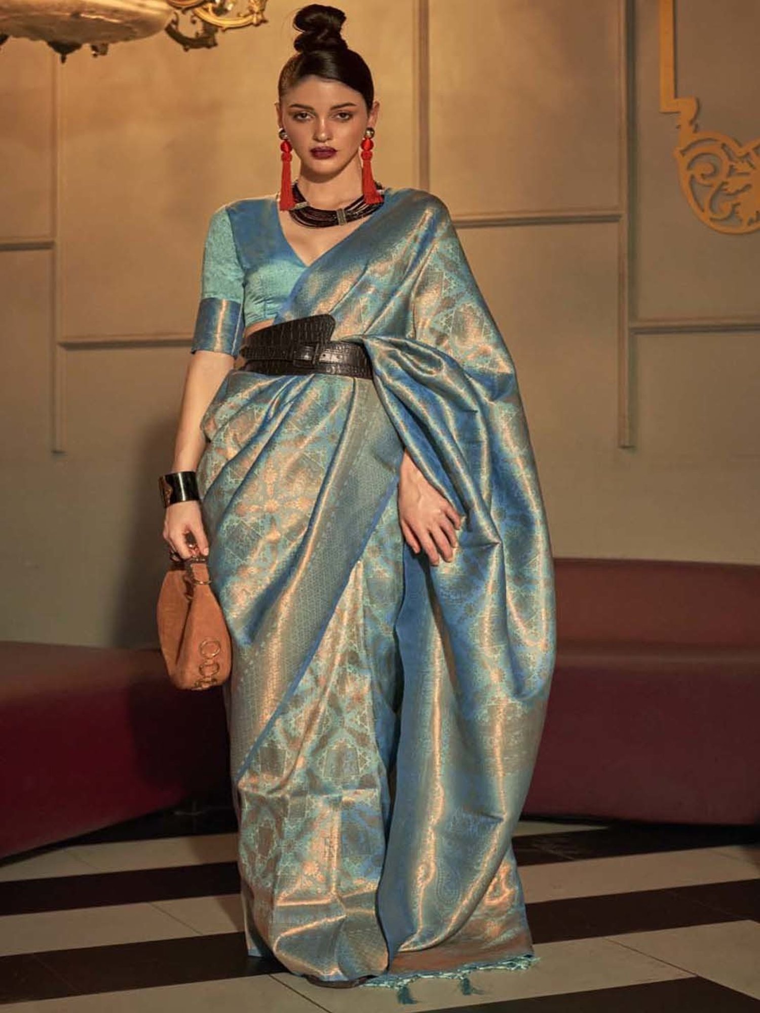 Elora Blue Silk Woven Saree With Unstitched Blouse