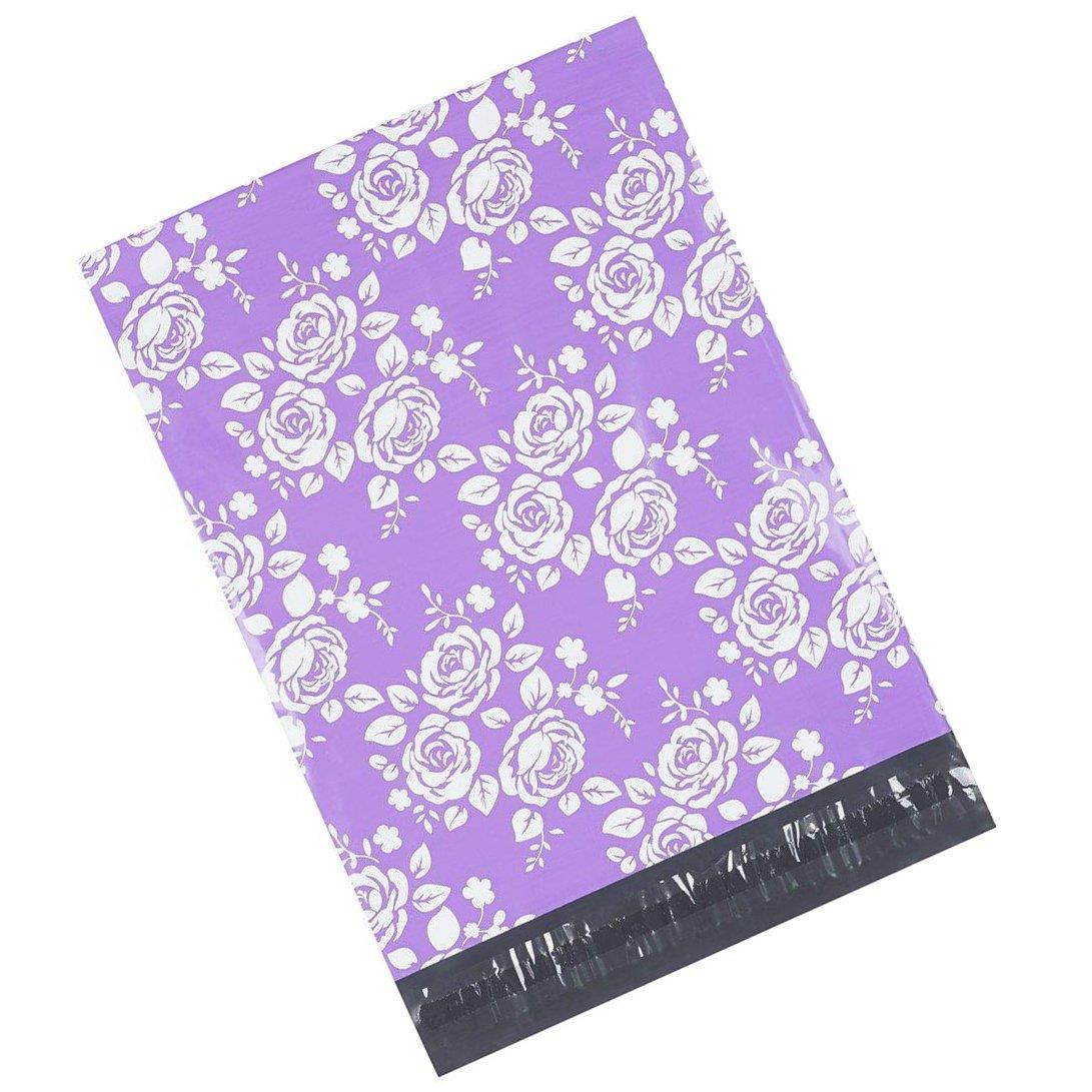 Metronic 100 10x13 Poly Mailers Envelopes Shipping Bags of Purple+White Rose Design with Self Adhesive, Waterproof and Tear-proof Postal Printed Bags