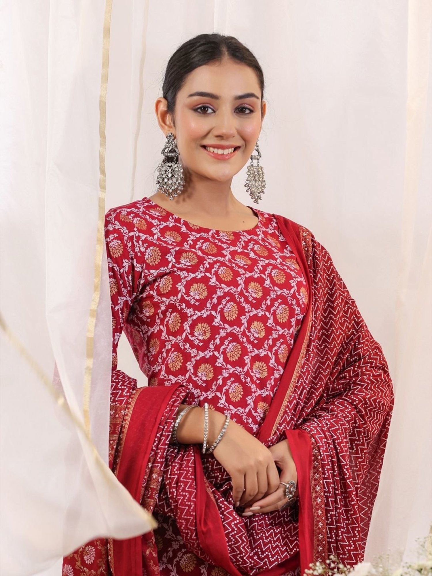 Anubhutee Red Cotton Printed Kurta Pant Set With Dupatta