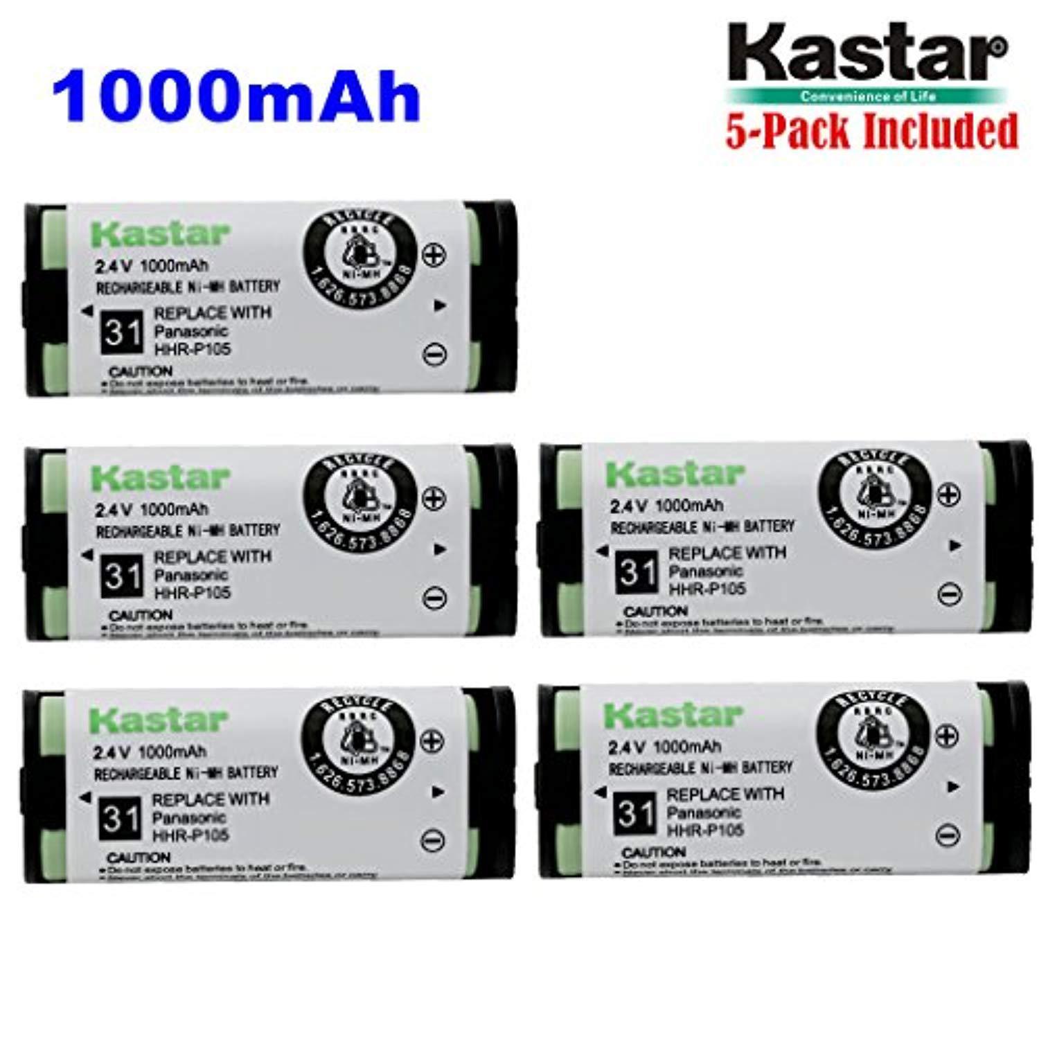 kastar hhr-p105 battery (5-pack), type 31, ni-mh rechargeable cordless telephone battery 2.4v 1000mah, replacement for panasoni
