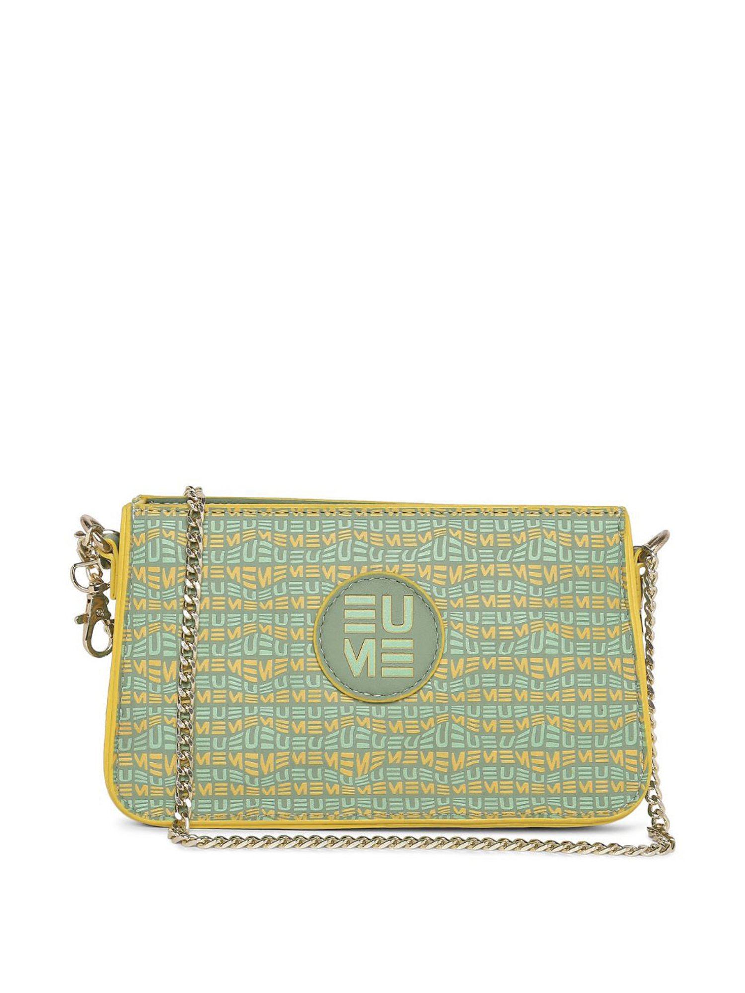 Eume Dragonfly Basil Green Leather Printed Double Sling Handbag with Pouch