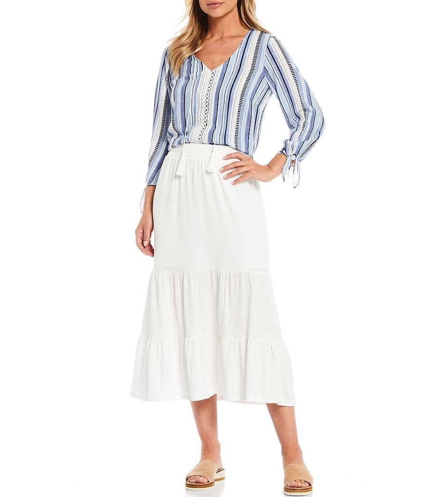 I.N. Studio Textured Stripe Crepon Tassel Tie V-Neck Details 3/4 Tie Sleeve Crochet Trim Detail Top