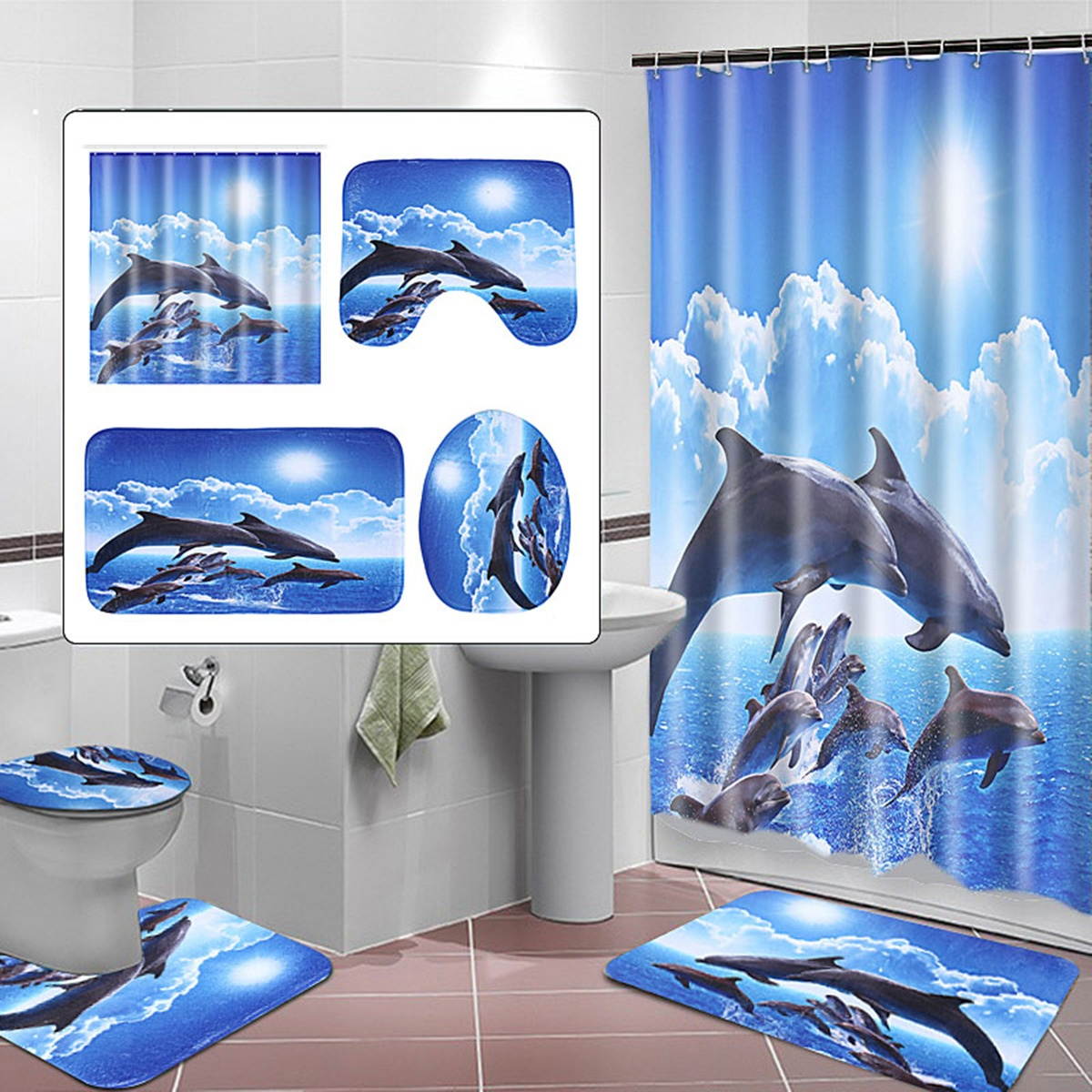 Shower Curtain Bath Pad Pedestal Rug Lid Toilet Cover Art Fashion Dolphin Type B