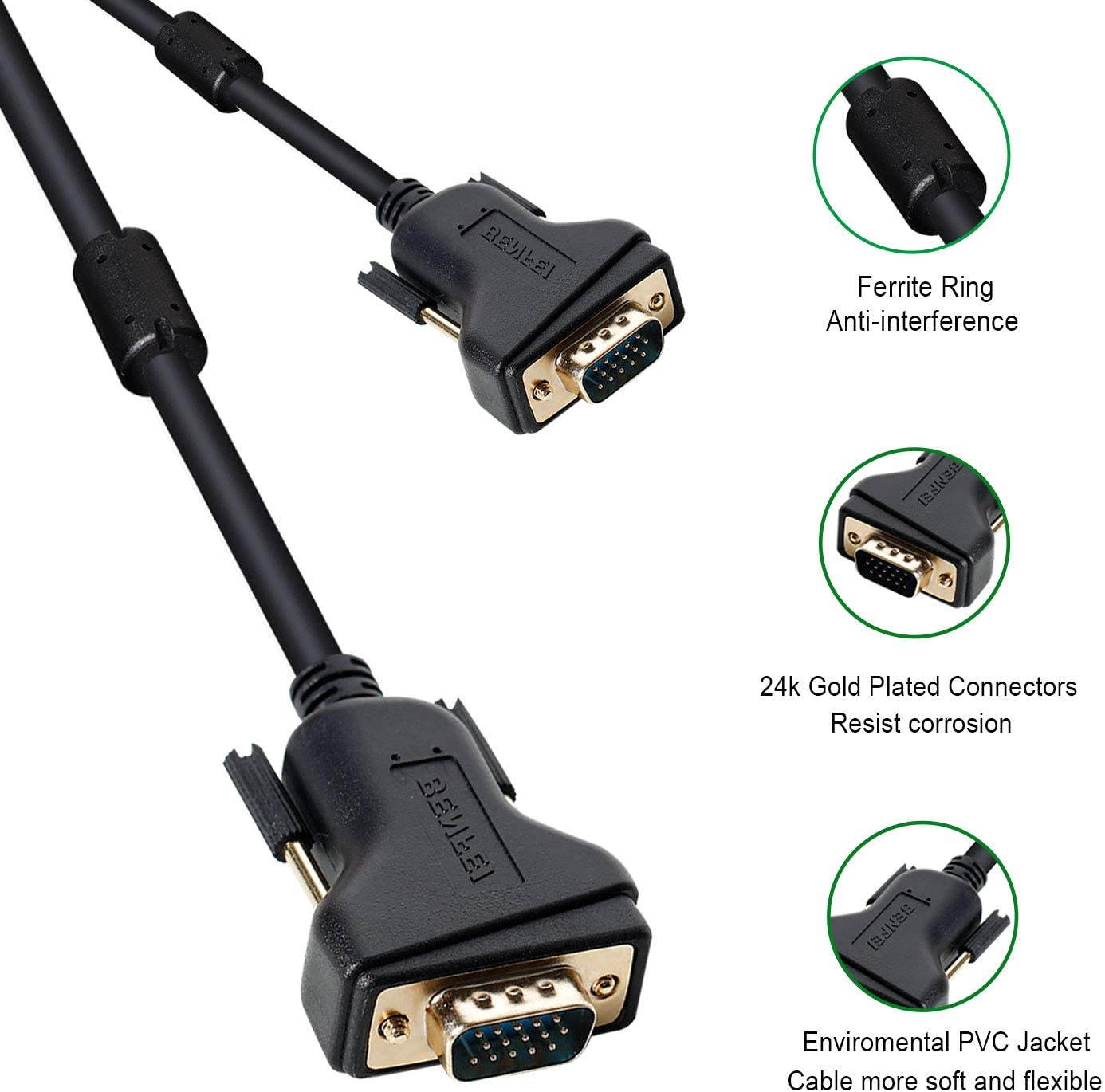 VGA to VGA Cable,VGA to VGA 6 Feet Cable with Ferrites