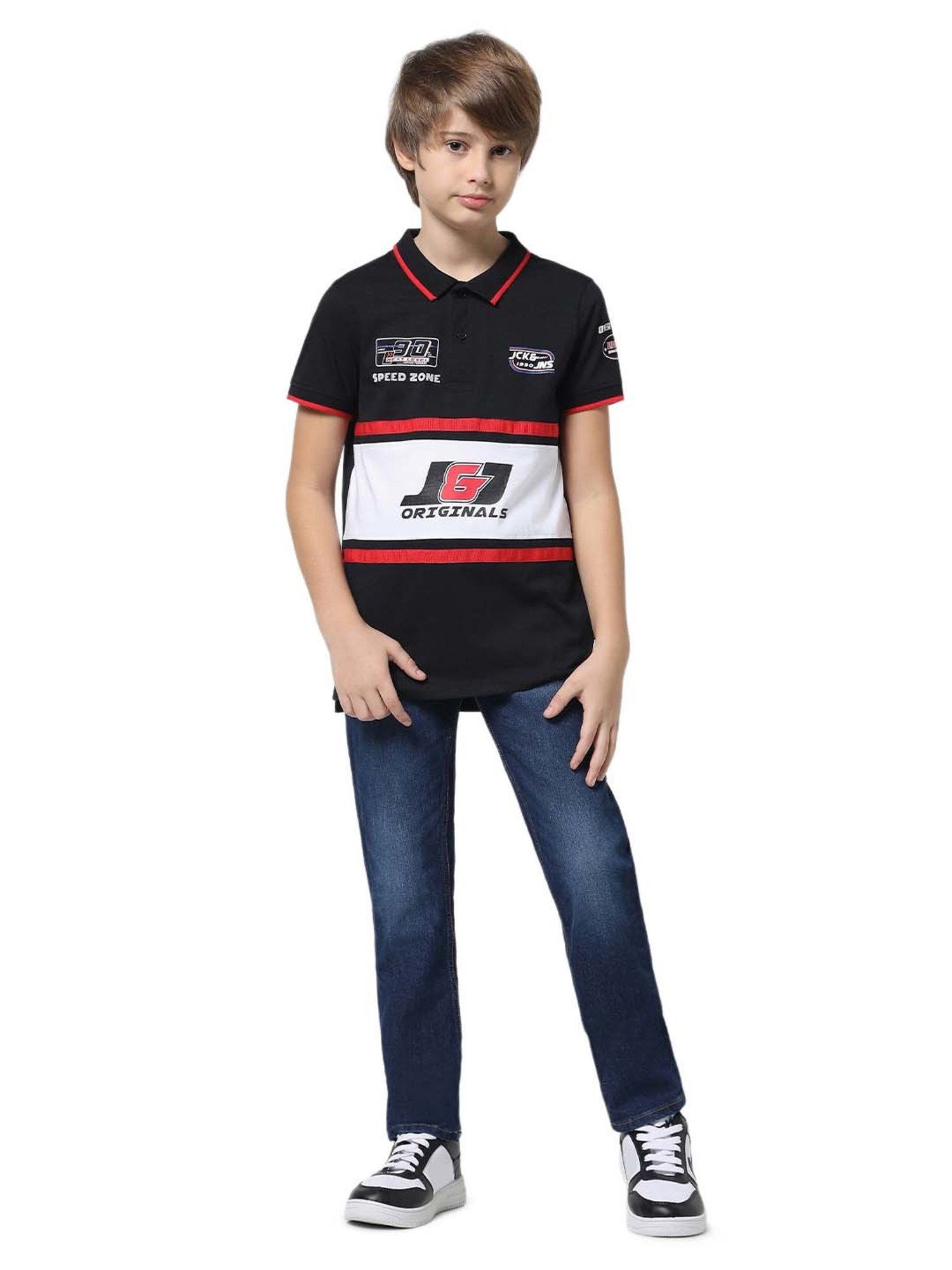 Jack & Jones Junior Jet Black & White Cotton Color Block Polo T-Shirt