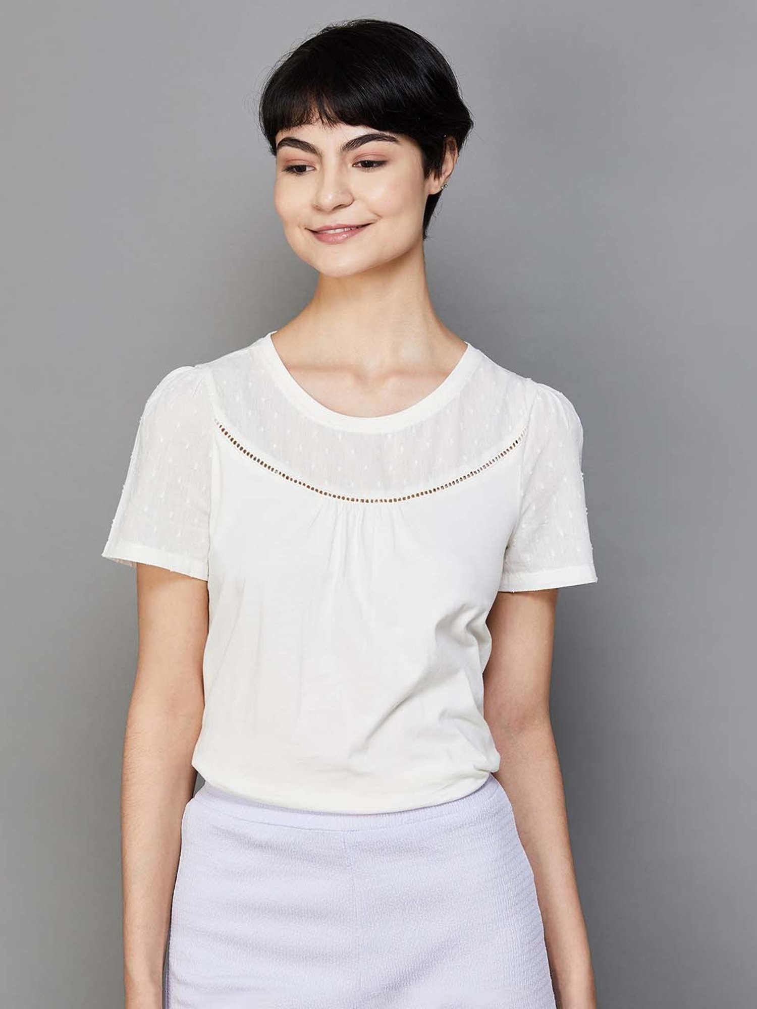 Fame Forever by Lifestyle White Cotton Self Pattern Top