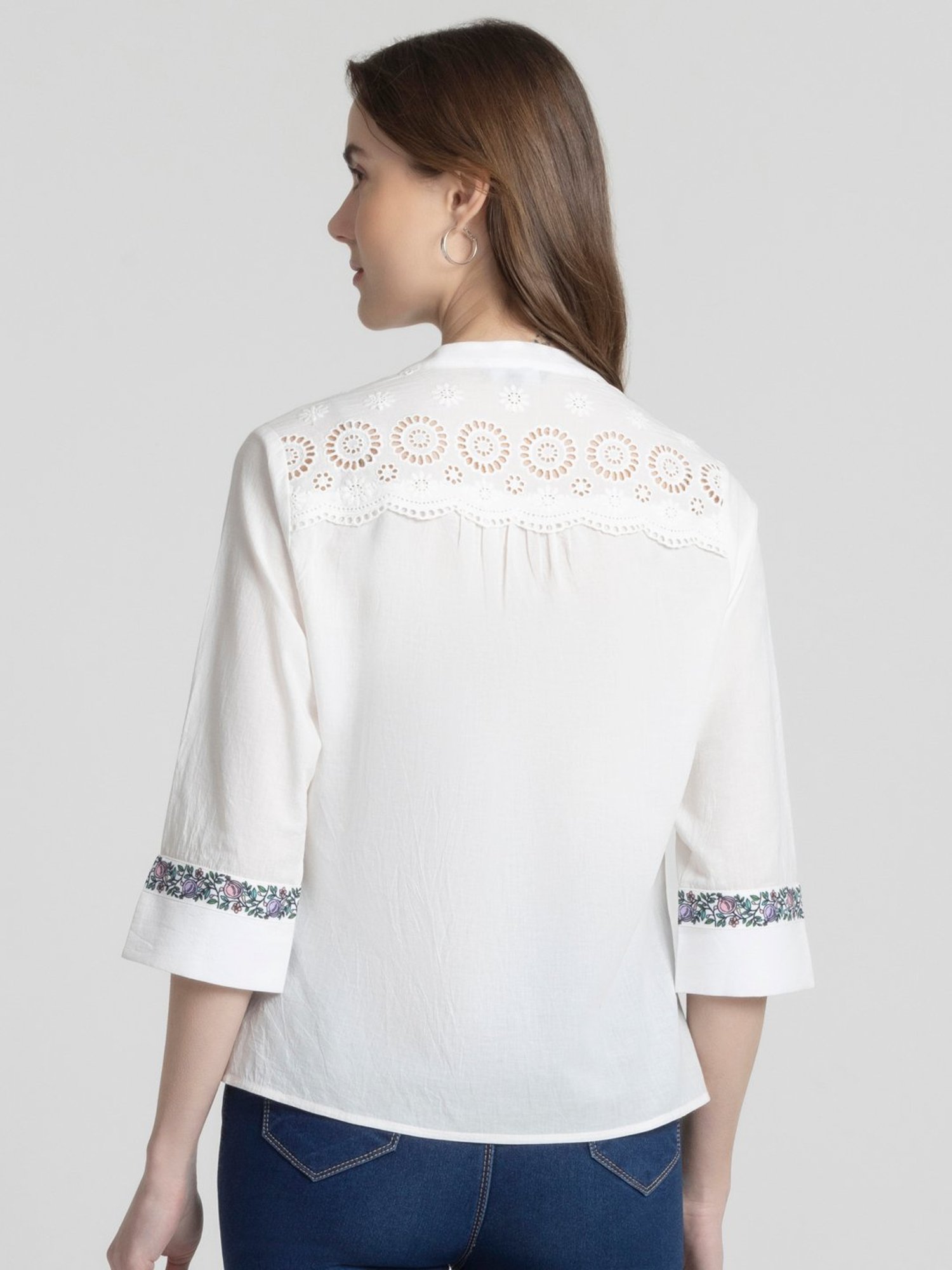 SHAYE White Cotton Self Design Top