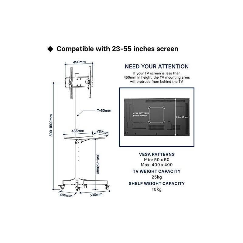 TV Stand, Mobile TV Stand with Wheels for 23-60 Inch LED, LCD, OLED Flat&Curved TVs, Height Adjustable TV Cart with Laptop Shelf and Locking Wheels, Holds Up to 55lbs Max VESA 400x400mm, Black