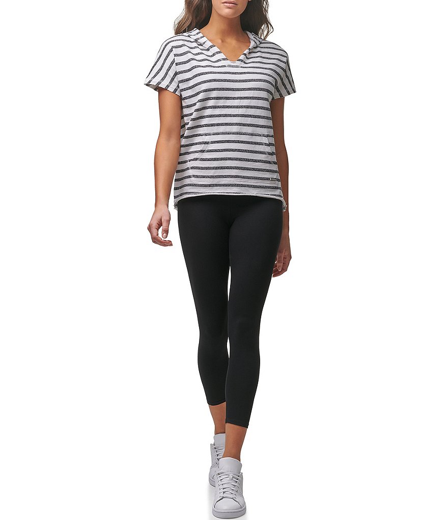 Marc New York Stripe French Terry Short Sleeve Hooded V-Neck Pullover Top