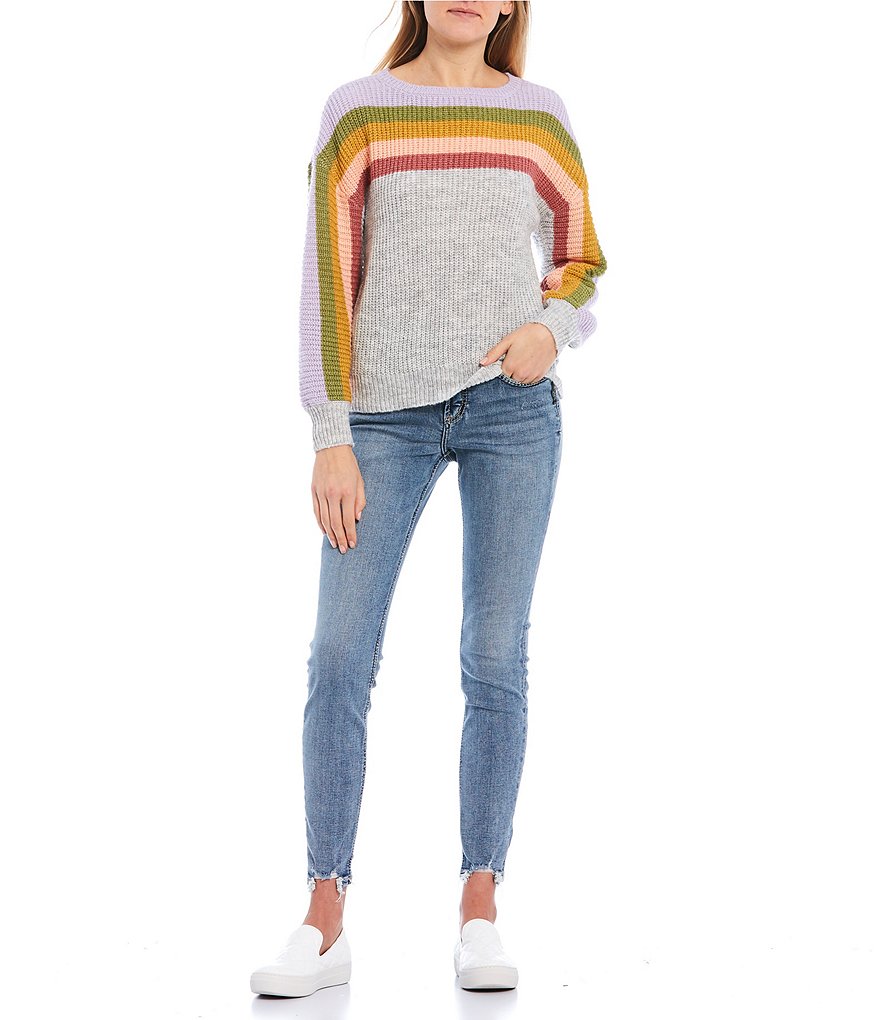 Coco + Jaimeson Balloon Sleeve Pastel Multi-Stripe Sweater Top