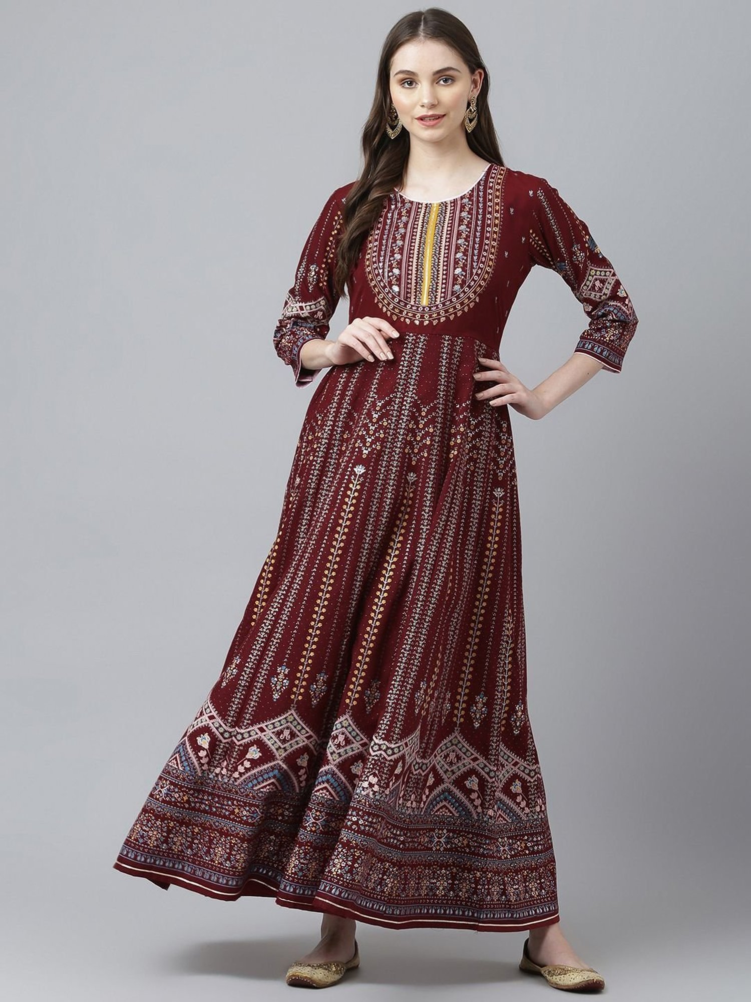 KIANA Maroon Printed Maxi Dress