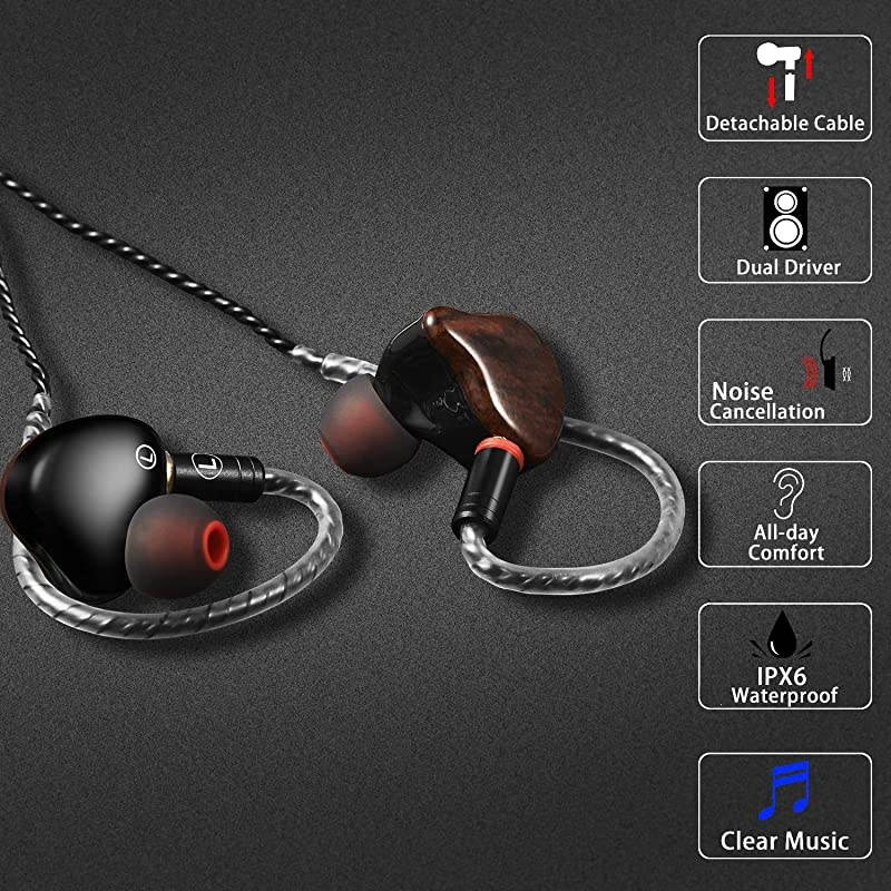 Monitors Newest Updated Version Wired Earbuds HeadphonesEarphonesHeadset Dual Drivers with MMCX Detachable Cables NoiseIsolating Sweatproof Earphones HiFi Stereo Wood Grain