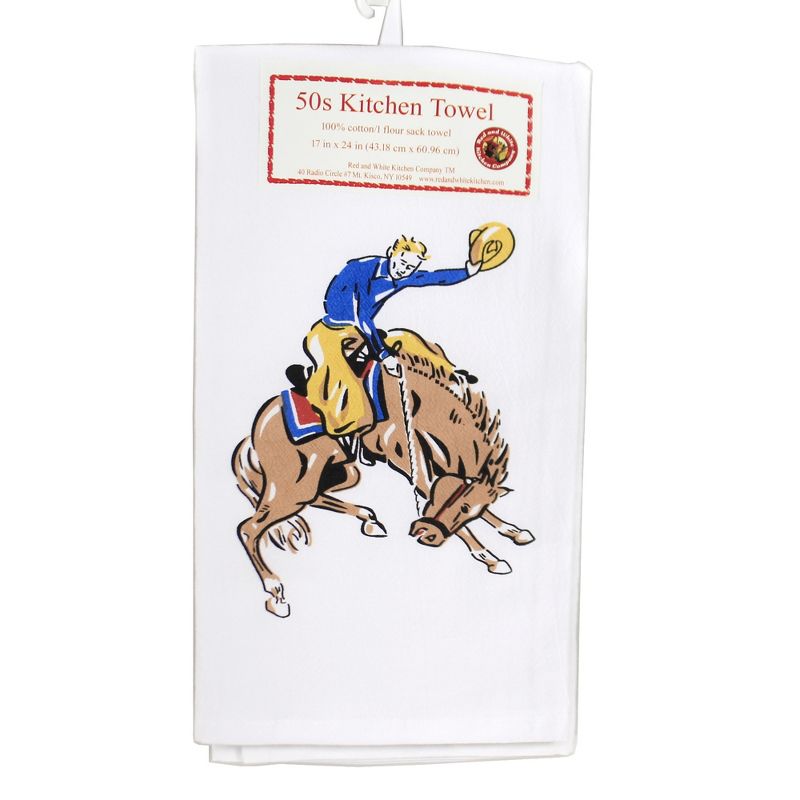 Tabletop 24.0" Buckin Bronco & Cowgirl Sack 50'S Kitchen Towel Cotton Red And White Kitchen Company  -  Kitchen Towel