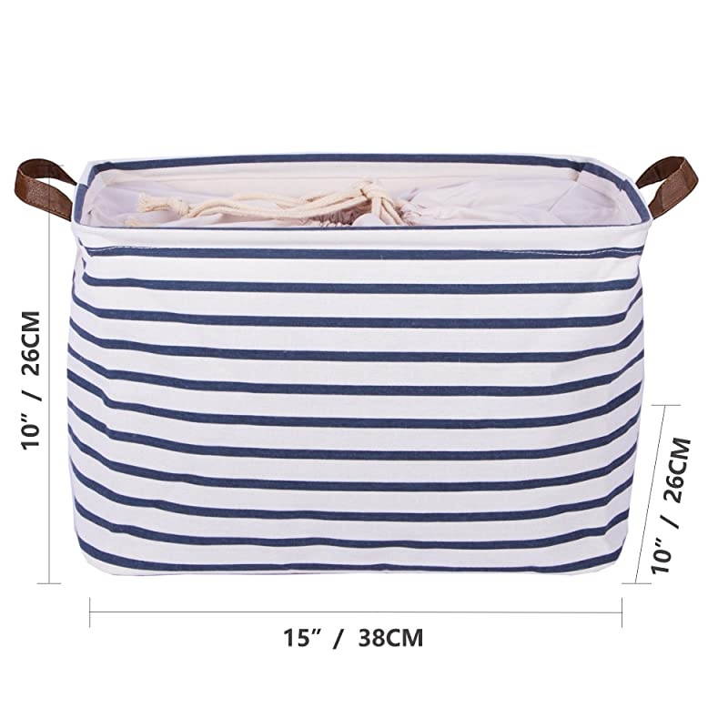 15Inches Large Storage Basket Available 15 and 17 InchesWidth Drawstring Square Cotton Linen Collapsible Toy Basket Navy Blue M