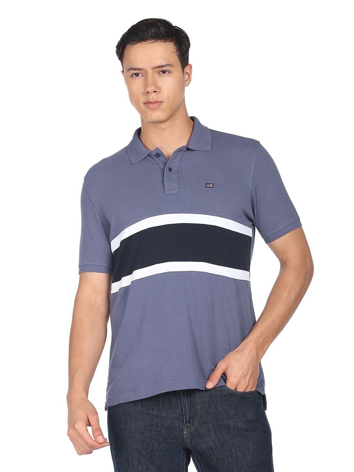 Arrow Sport Blue Regular Fit Striped Cotton Polo T-Shirt