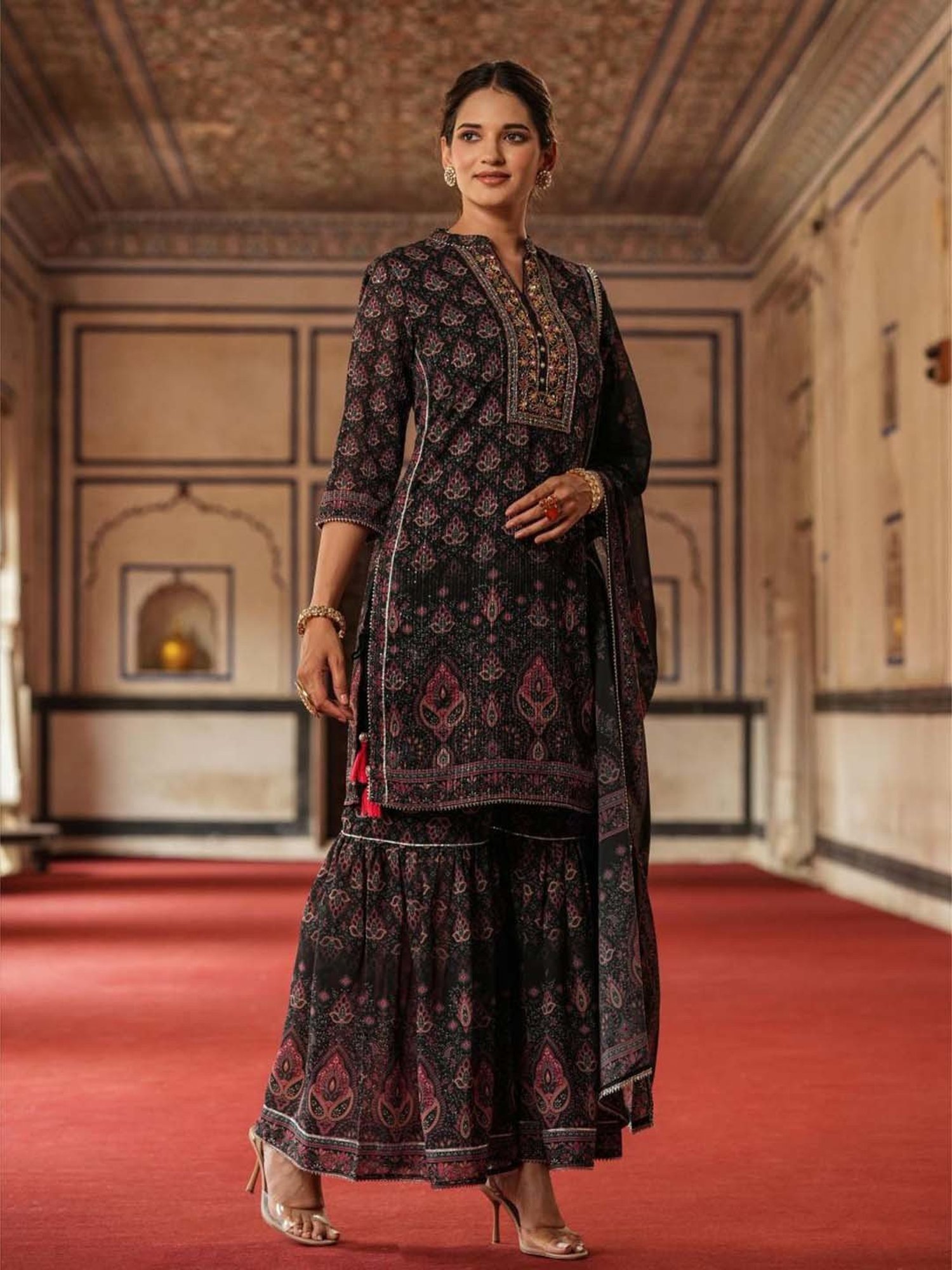 SCAKHI Black Printed Kurti Sharara Set With Dupatta