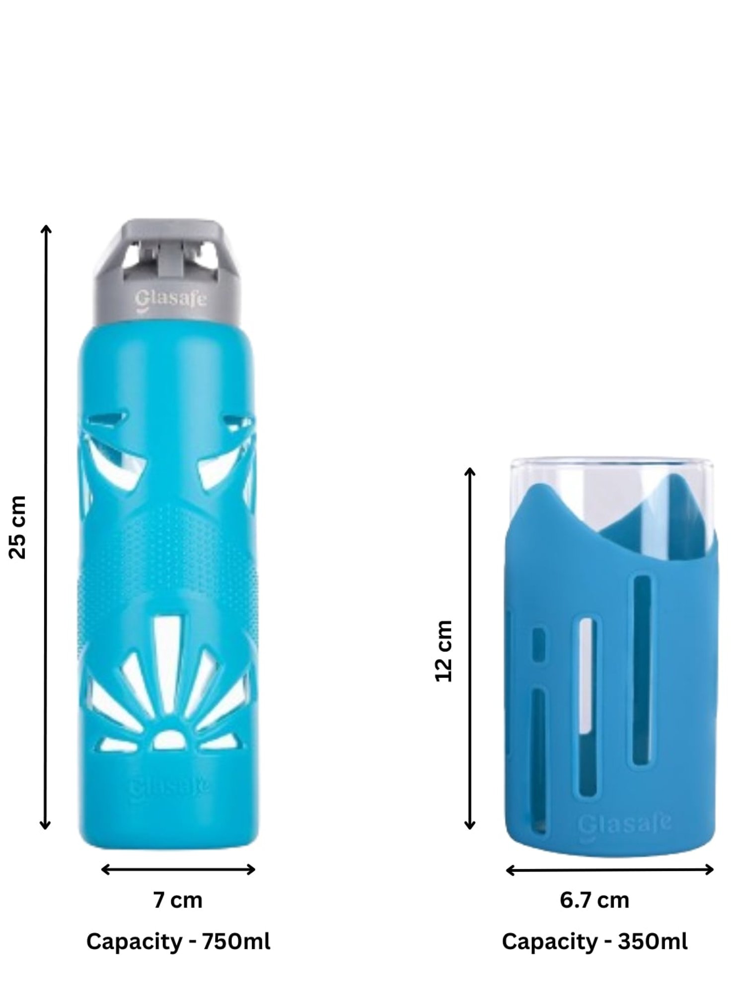 Glasafe Tranquil Teal Borosilicate Bottle with 4 Drinking Glasses