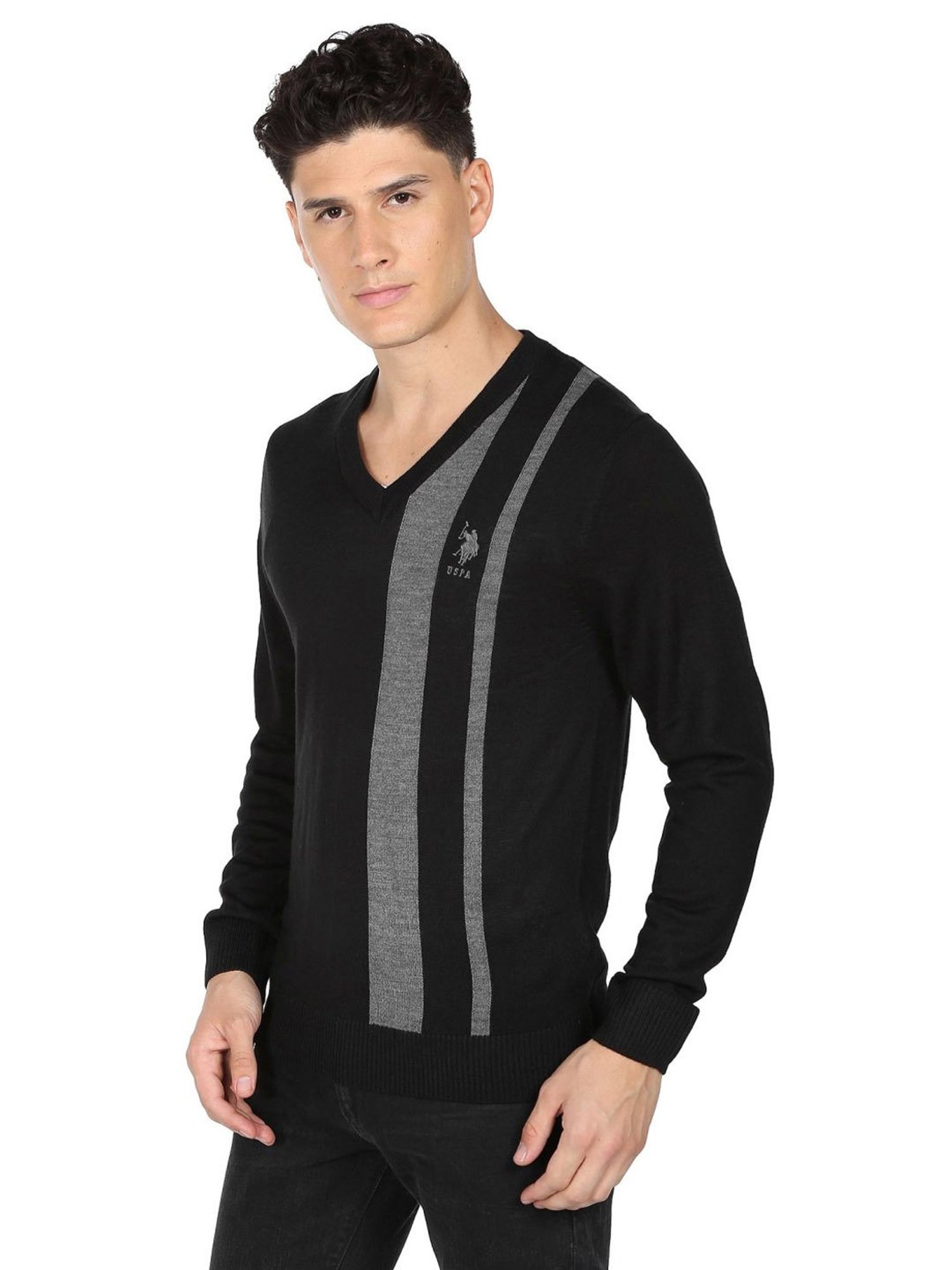 U.S. Polo Assn. Black Regular Fit Striped Sweaters