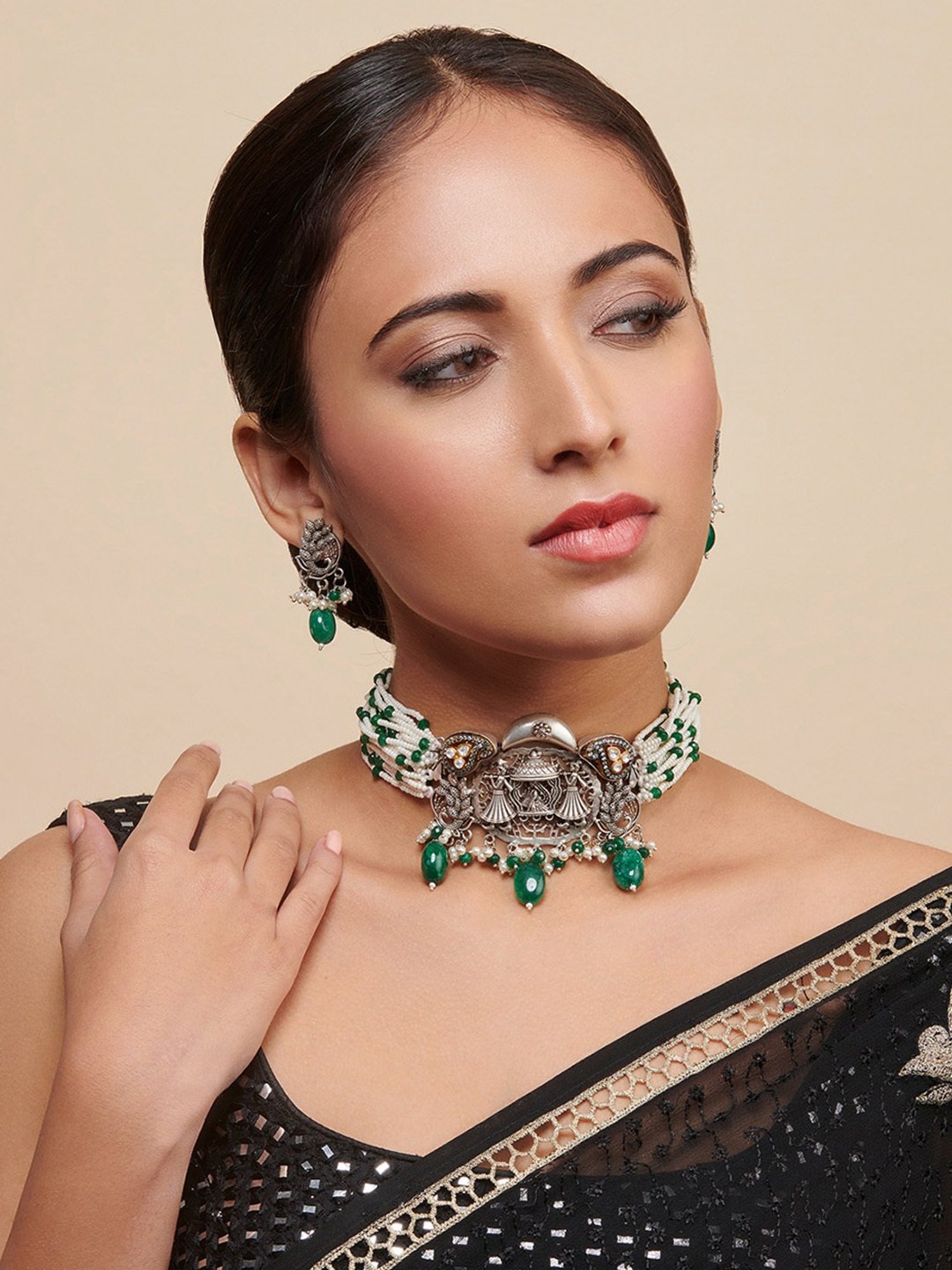 Curio Cottage Aria Oxidized Green Stone & Pearl Embellished Choker Necklace & Earring Set