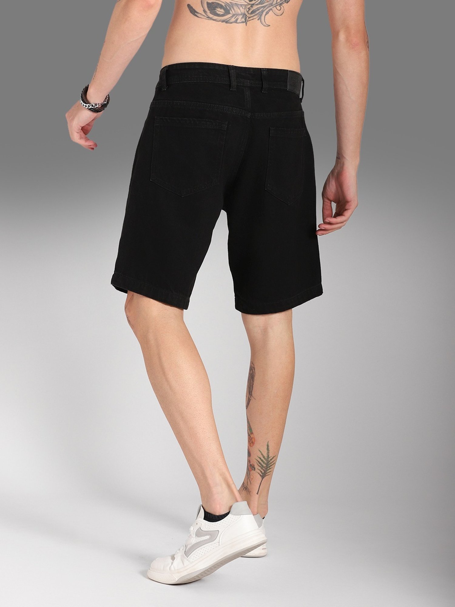 High Star Black Cotton Regular Fit Denim Shorts