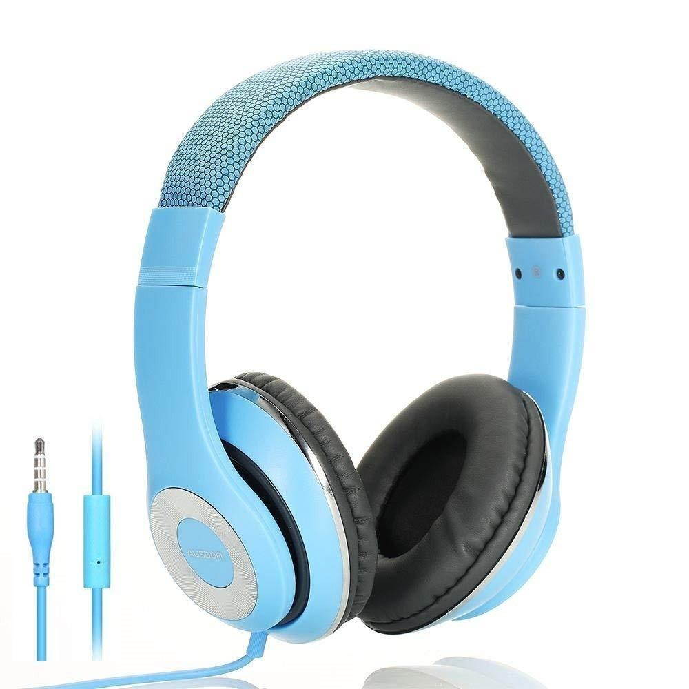 AUSDOM Over-Ear Headphones, Stereo Lightweight Adjustable Wired Headset with Mic, Noise Isolating Comfortable Leather Earphones, Hi-Fi Deep Bass for iPhone iPod iPad Macbook MP3 Cellphones Laptop-Blue