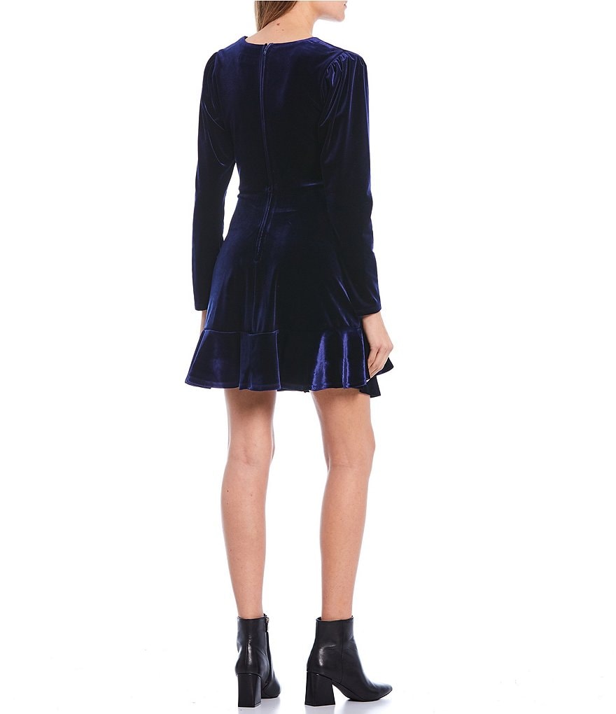 Teeze Me Long-Sleeve Surplice V-Neck Velvet Faux-Wrap Dress