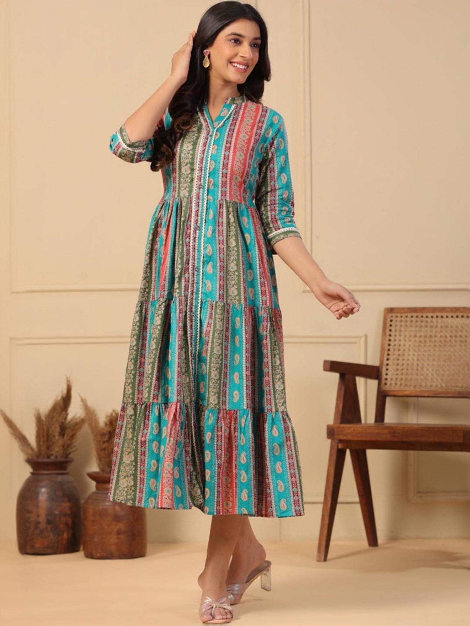 Fashor Blue & Pink Cotton Printed A-Line Dress