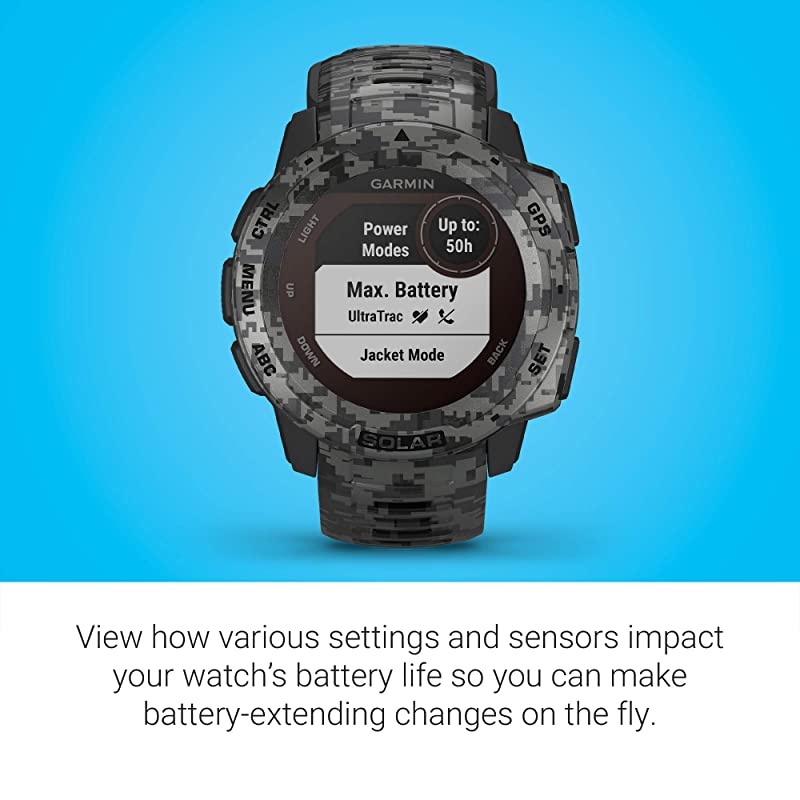 Instinct Solar, Solar-Powered Rugged Outdoor Smartwatch, Built-in Sports Apps and Health Monitoring, Graphite Camo