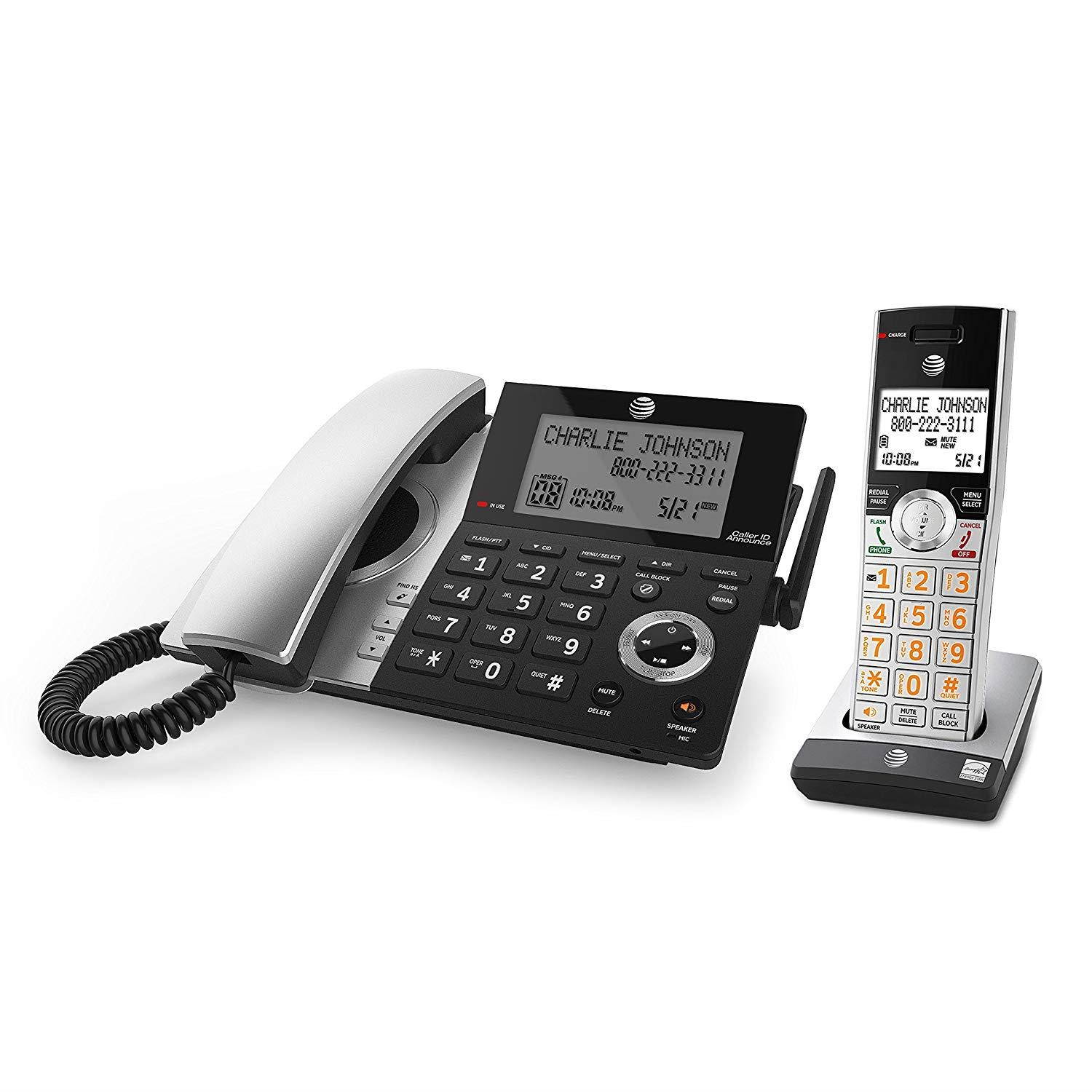 AT&T CL84107 DECT 6.0 Expandable Corded/Cordless Phone with Smart Call Blocker, Black/Silver with 2 Handsets