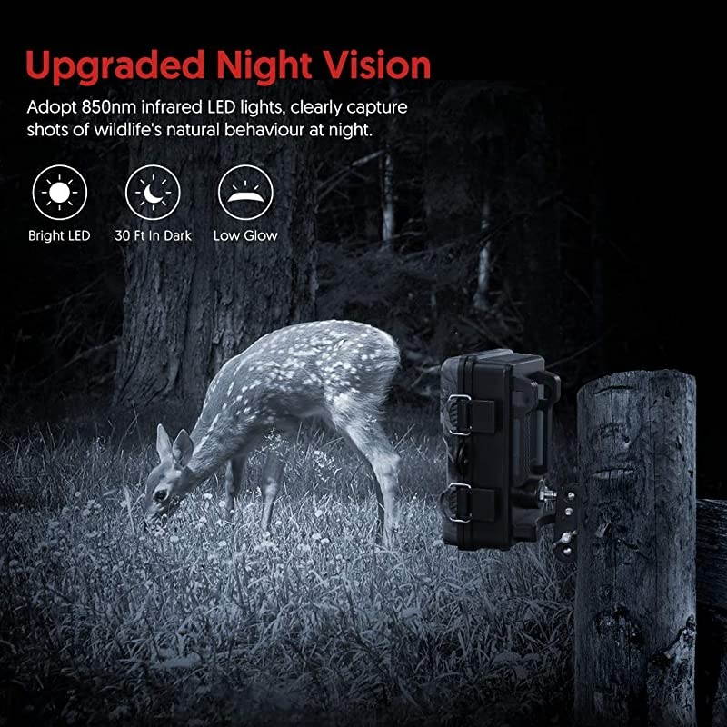 Trail Game Camera 20MP with Night Vision Motion Activated Waterproof and 130&deg; Detection Hunting Camera Trap 1080P IP66 for Outdoor Wildlife Monitoring