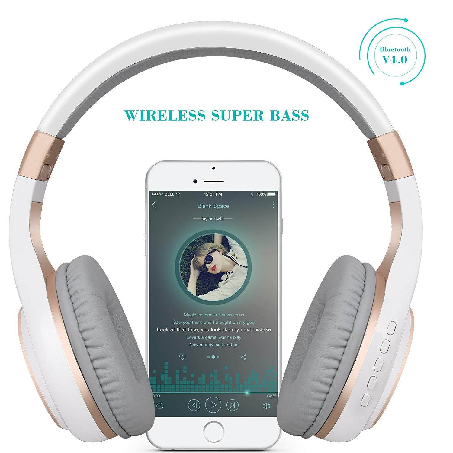 Bluetooth Headphones, Riwbox XBT-80 Foldable Stereo Wireless Bluetooth Headphones Over Ear with Microphone and Volume Control, Wireless and Wired Headset for PC/ Cell Phones/ TV/ Ipad (White Gold)