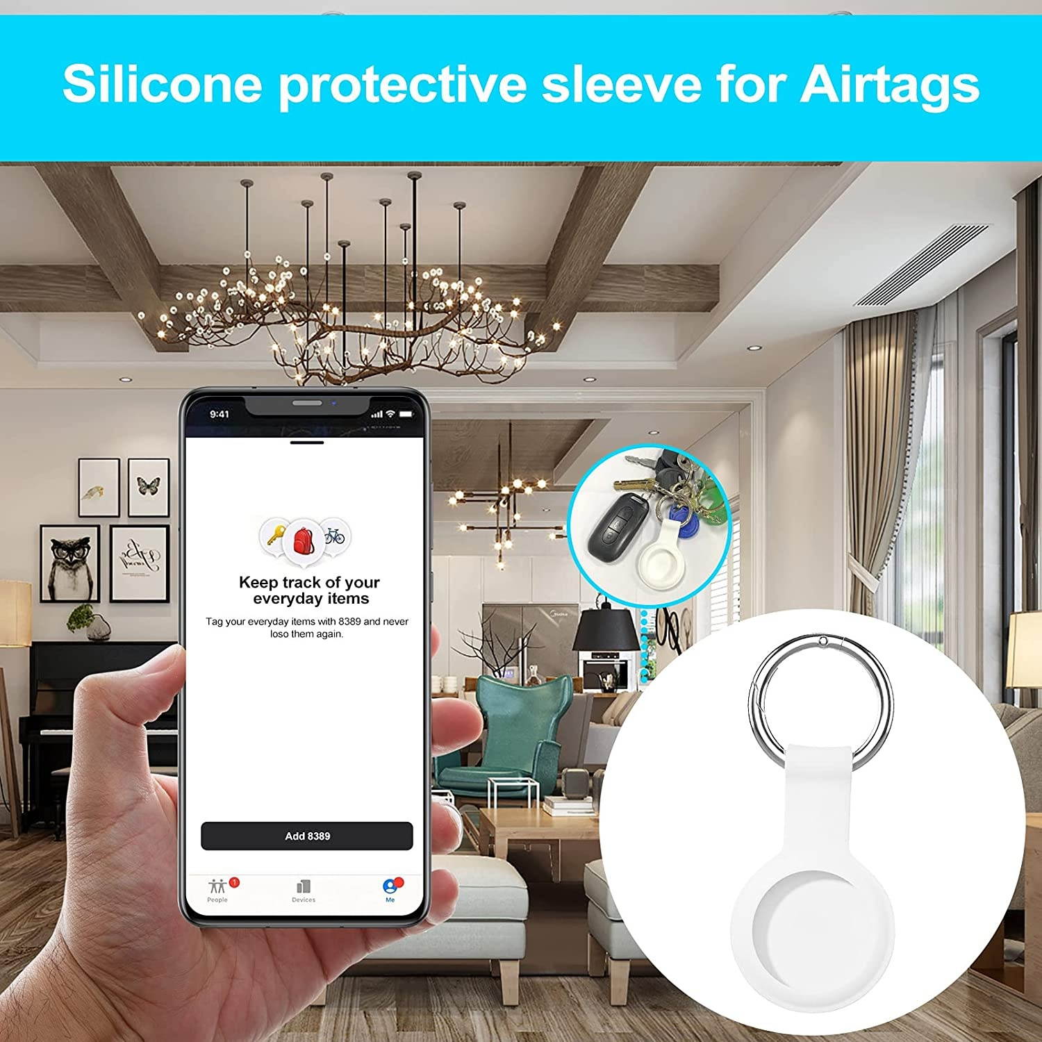 Portable Protector Case Cover for AirTags, Soft Silicone Anti-Scratch Protective Skin Case, with AirTag Key Chain, AirTags Holders, Anti-Lost, Scratch-Resistant & Washable (White)