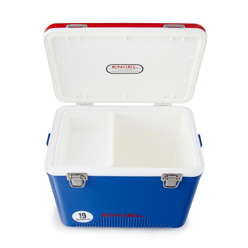 Engel UC19-RWB 19 Quart Fishing Live Bait Dry Box Ice Cooler with Stain/Odor-Resistant Surface and Shoulder Strap, Red/Blue