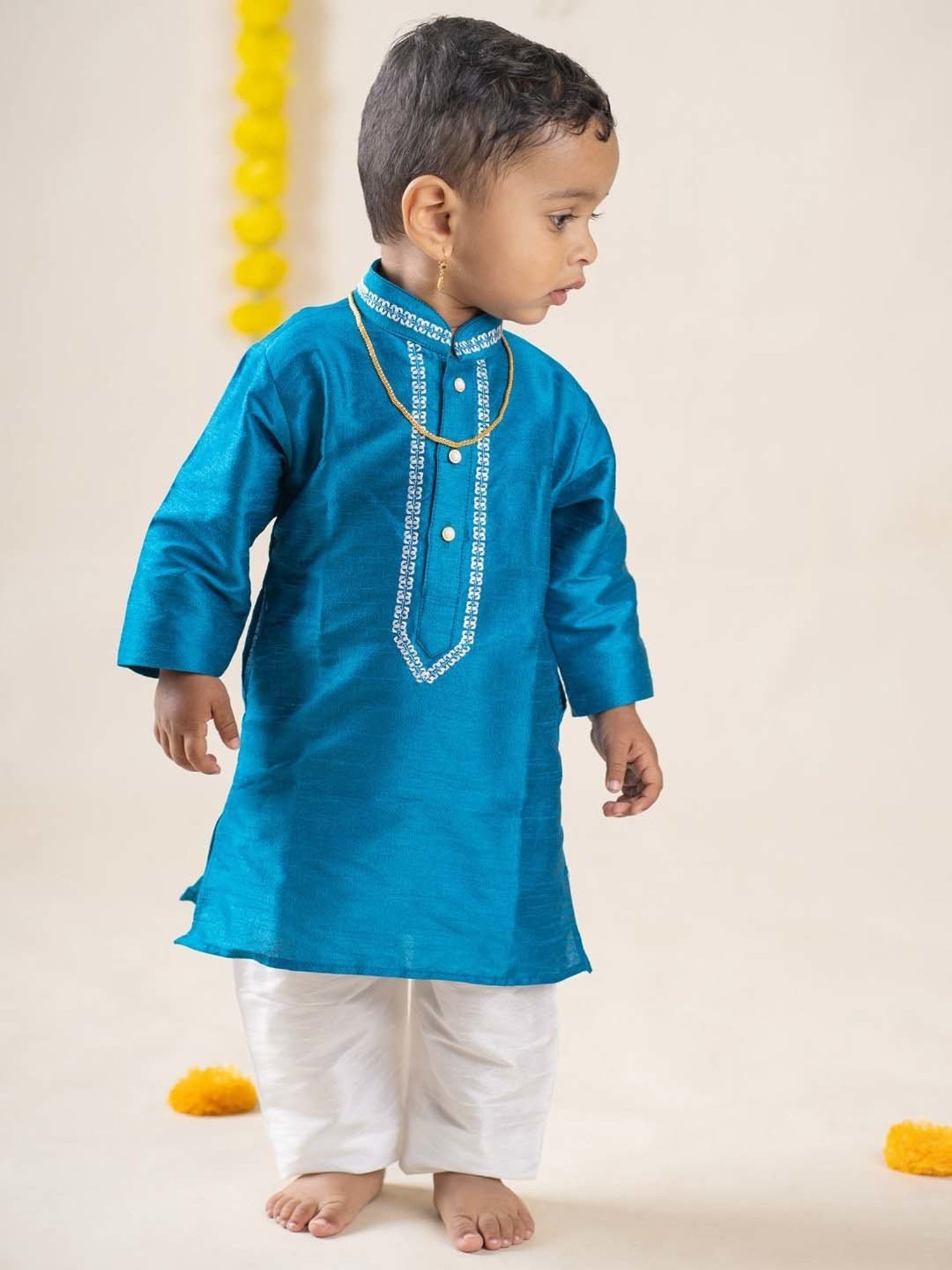 Baby Moo Kids Turquoise Blue & White Regular Fit Full Sleeves Kurta Set