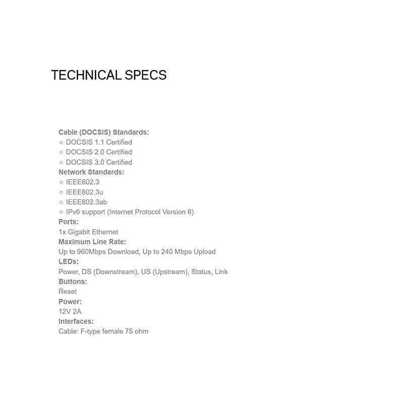 CM3024 High Speed DOCSIS 30 24x8 Cable Modem Certified for ComcastXfinity Time Warner Cox Charter Modem Only No Wifi Functionality