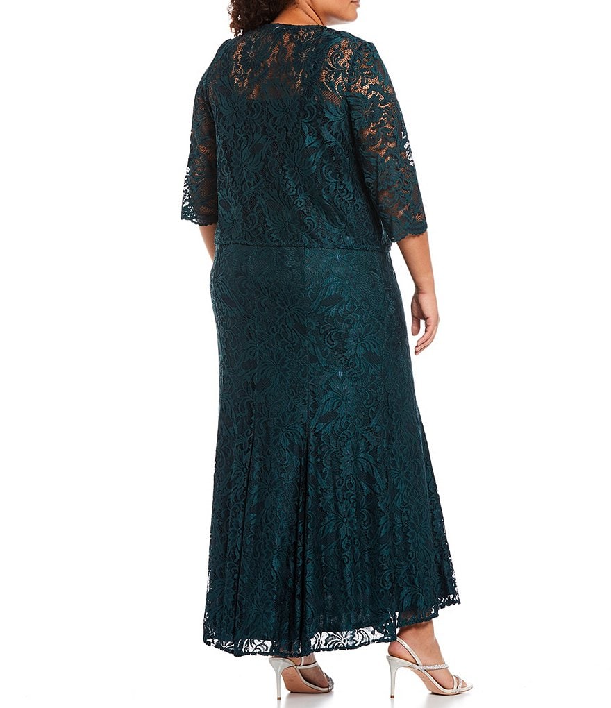 Le Bos Plus Size Embroidered Stretch Lace Square Neck 3/4 Sleeve 2-Piece Jacket Dress