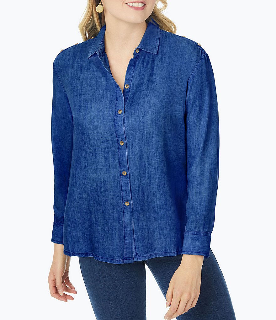 Foxcroft Plus Size Brynn Button Shoulder Tab Detail Button Front Point Collar Neck Bracelet Long Sleeve Tencel Shirt