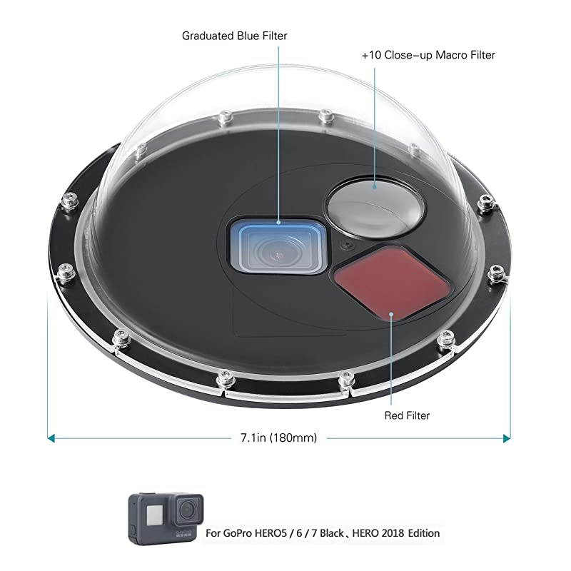 6'' Dome Port Lens with 3 Switchable Filters for GoPro Hero 5 6 Hero 2018 Hero 7 Black with Waterproof Dive Housing Case Floating Hand Grip and Trigger - 60M (196ft) Underwater Photography