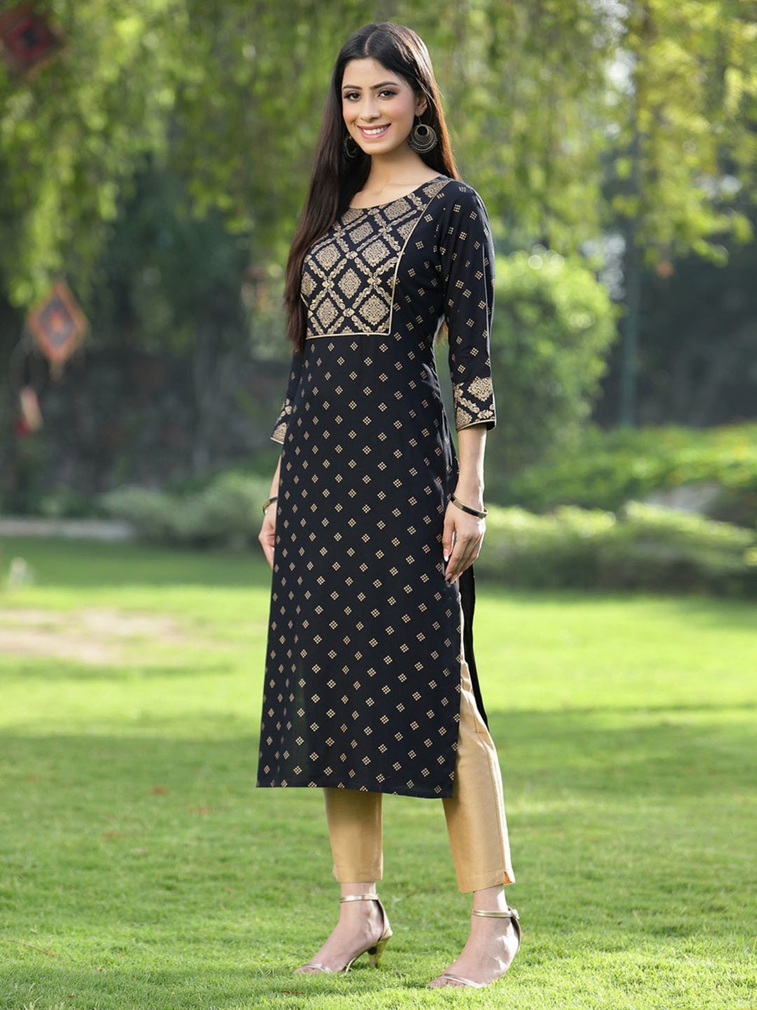 Juniper Black Ethnic Motif Printed Rayon Straight Kurta
