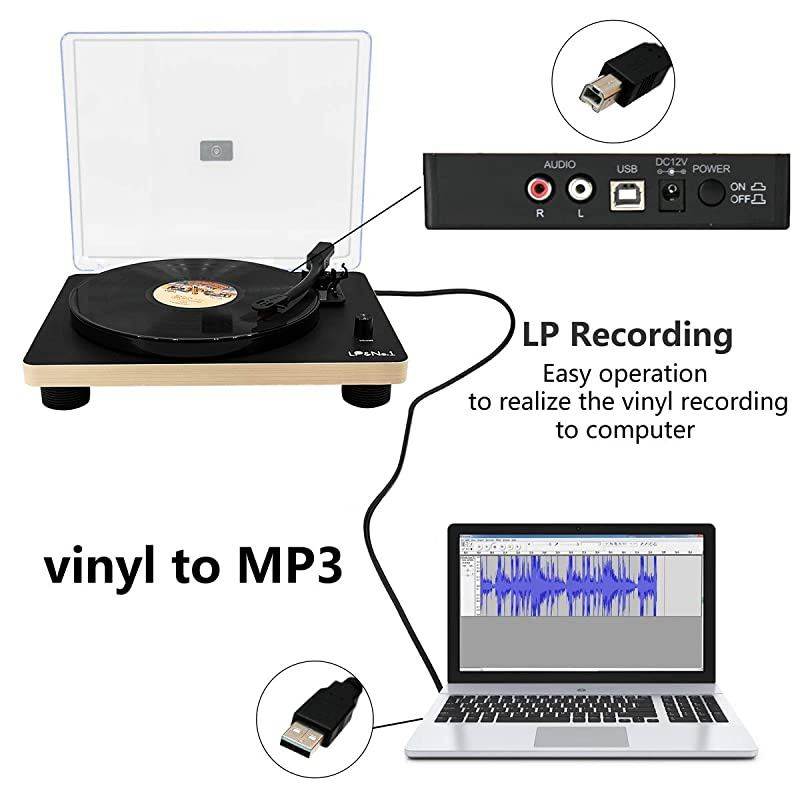 Bluetooth Vinyl Record Player, Belt-Drive Stereo Turntable for 3-Speed Vinyl Records with Convert Vinyl to Digital (Analog & USB), Built-in Speakers and RCA Output, Dark Brown