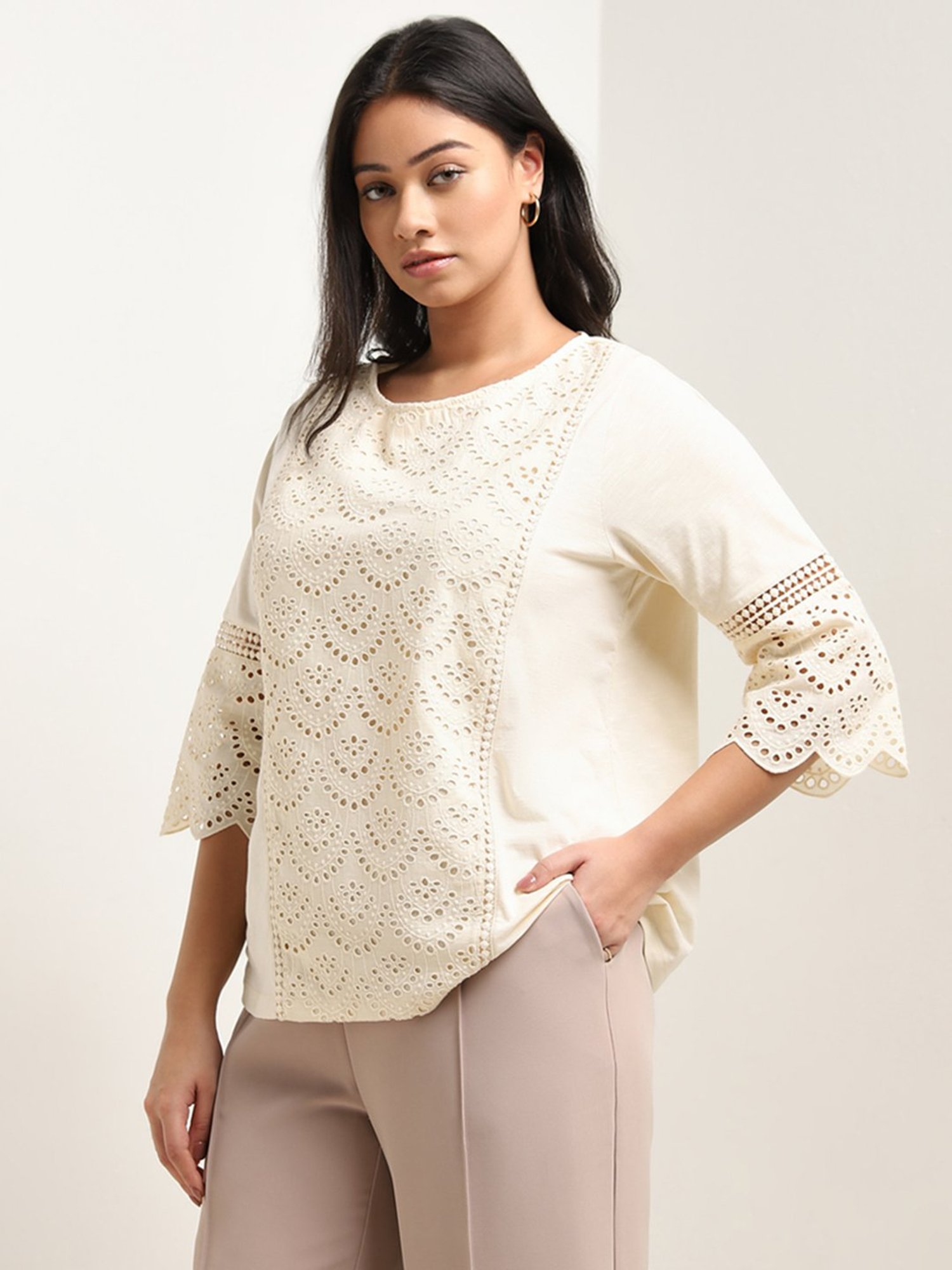 Gia by Westside Beige Schiffli Design Cotton Top