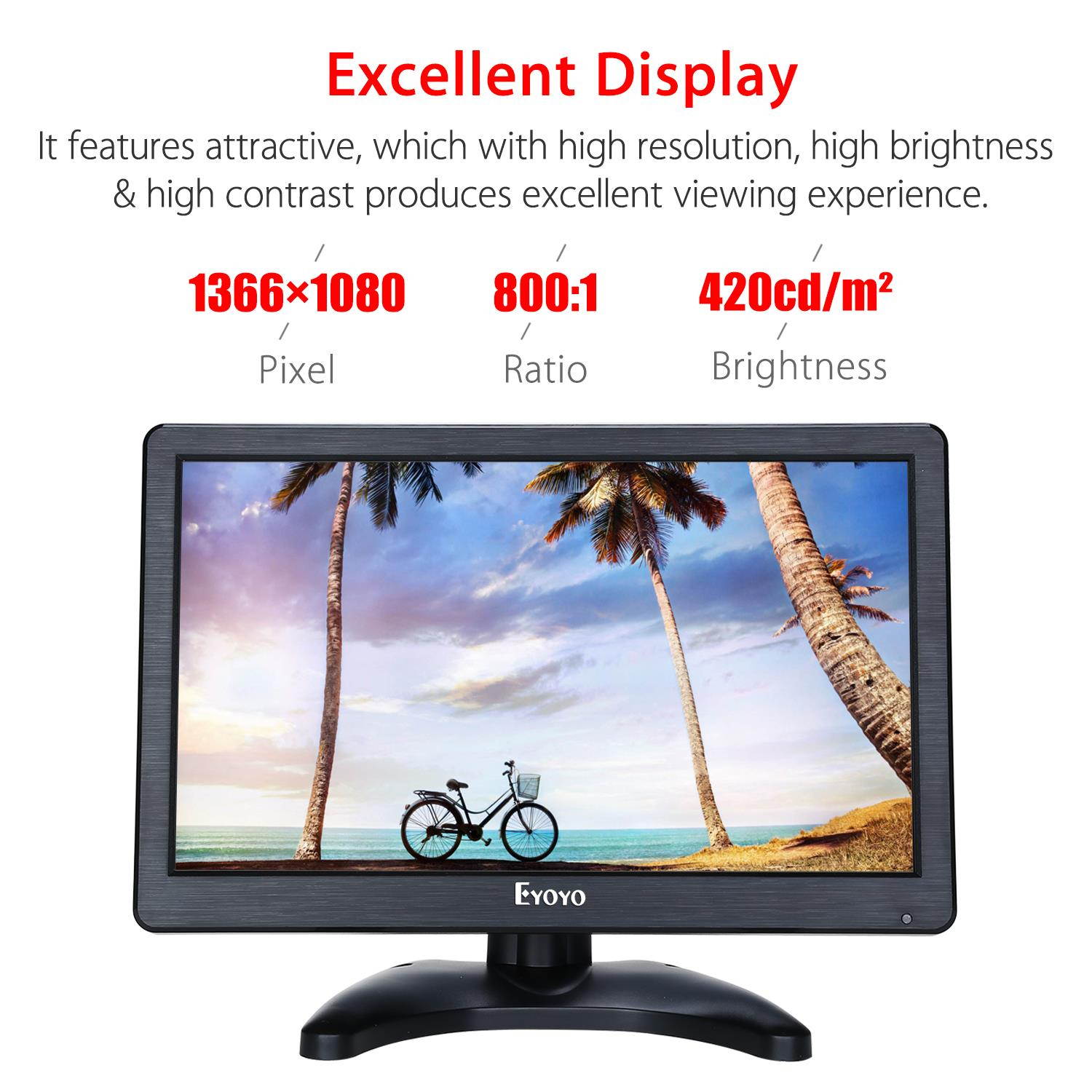12&rdquo; HD 1920x1080 IPS LCD Security Monitor Screen Input Audio Video Display for PC Computer Camera DVD Security CCTV DVR Home Office Surveillance with BNC Cable