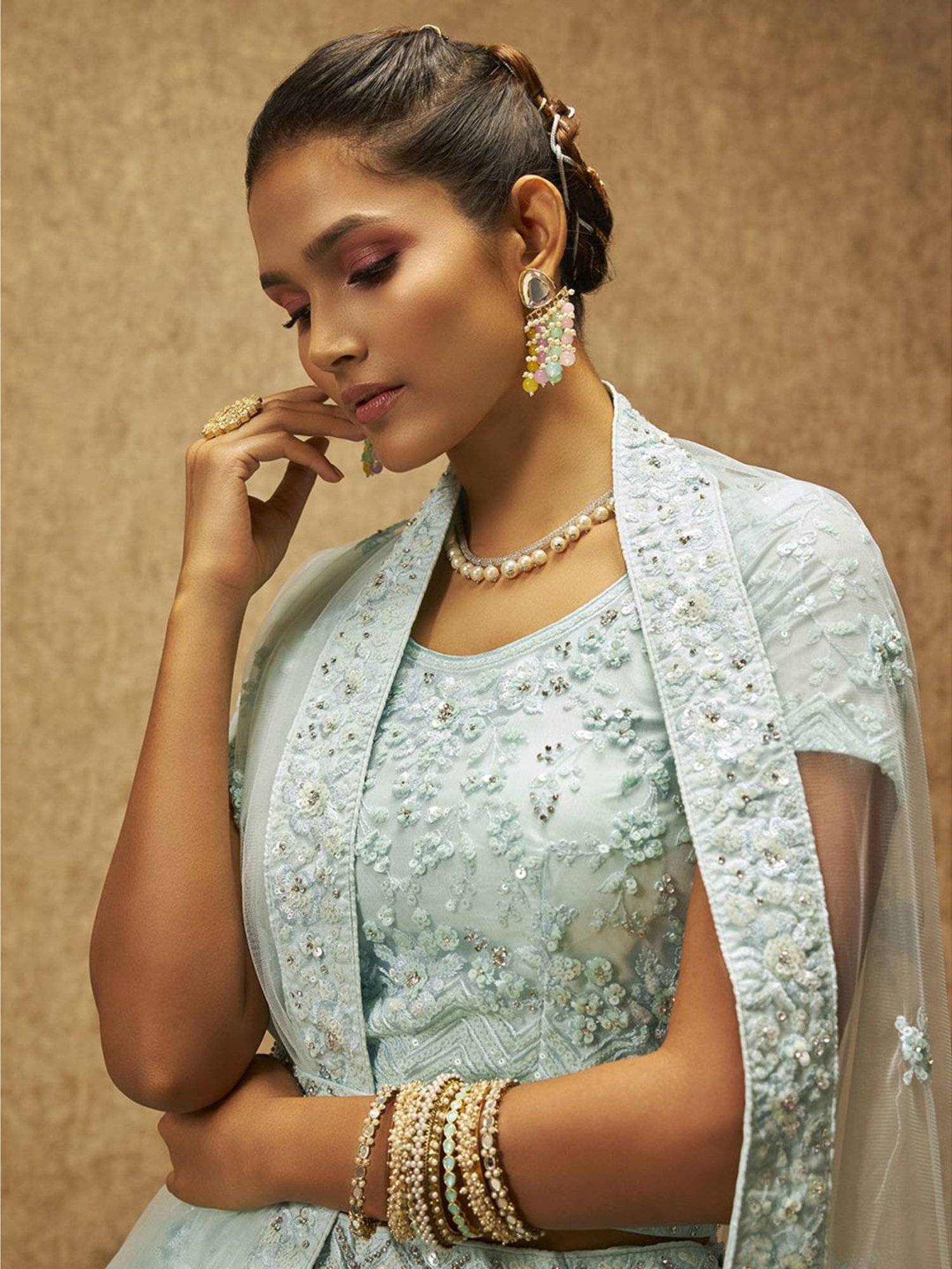 Soch Powder Blue Embellished Unstitched Lehenga Choli Set With Dupatta