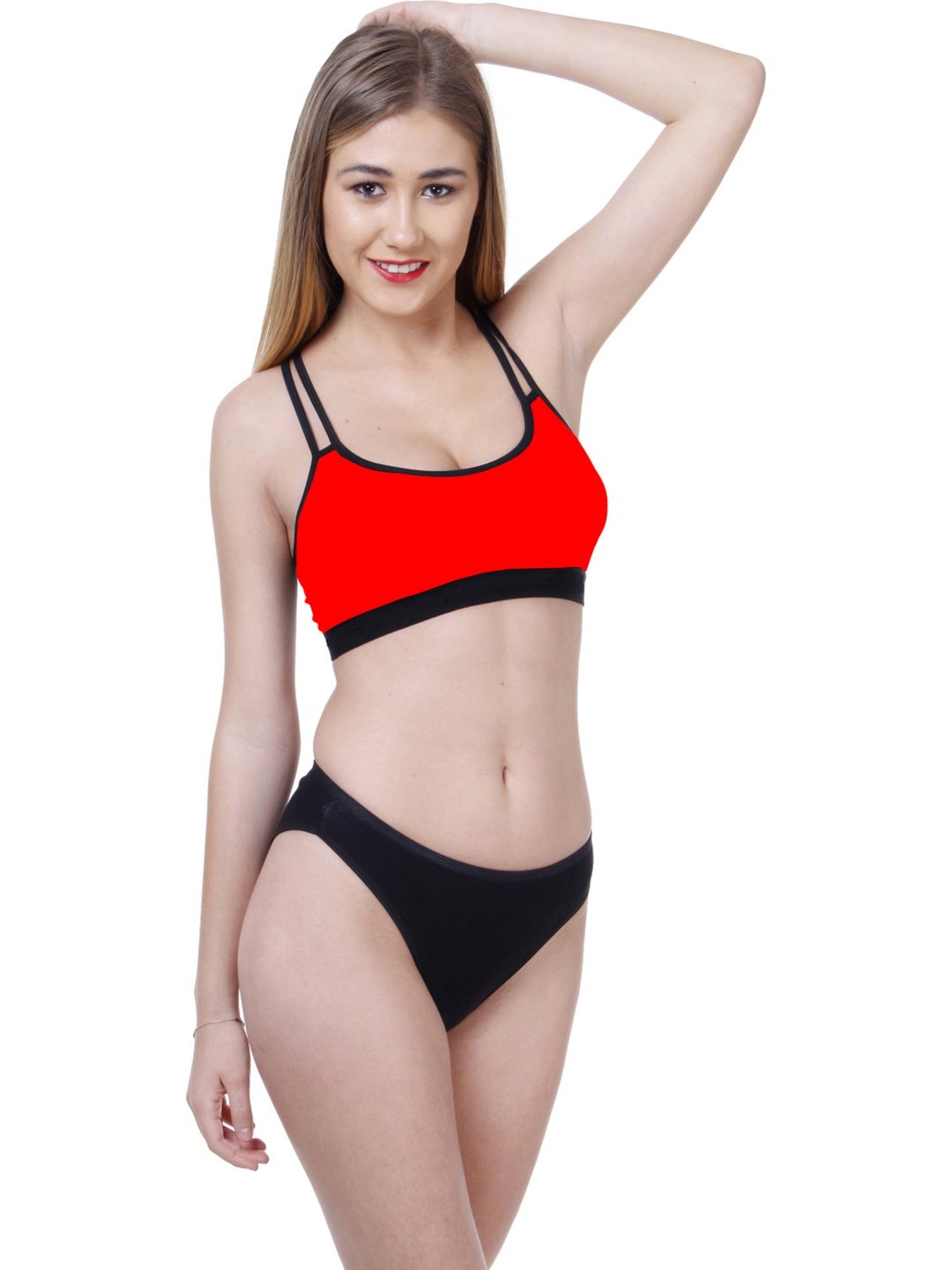 AROUSY Red & Black Cotton Bra Panty Set - Pack Of 2
