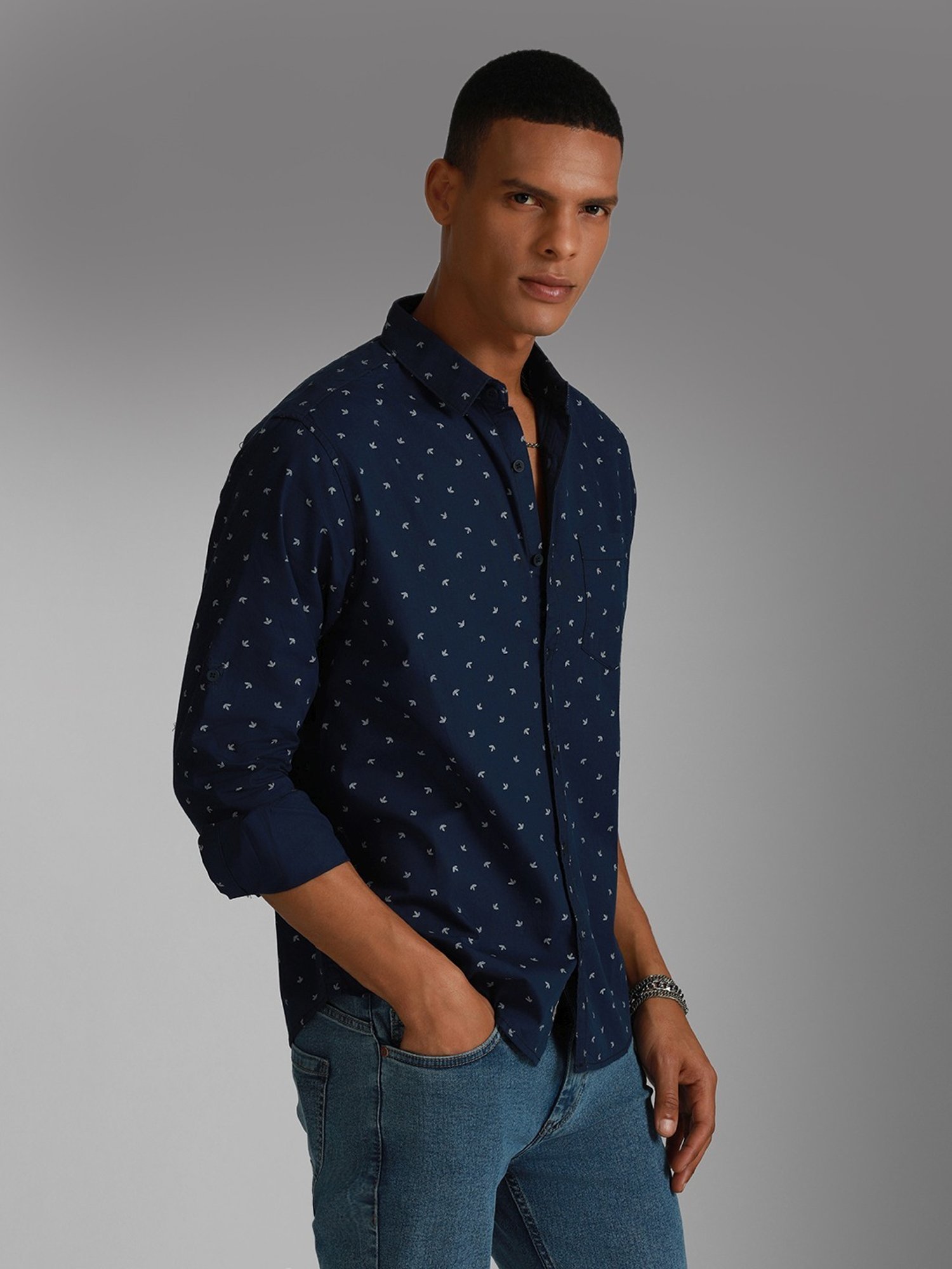 High Star Blue Cotton Regular Fit Printed Shirt