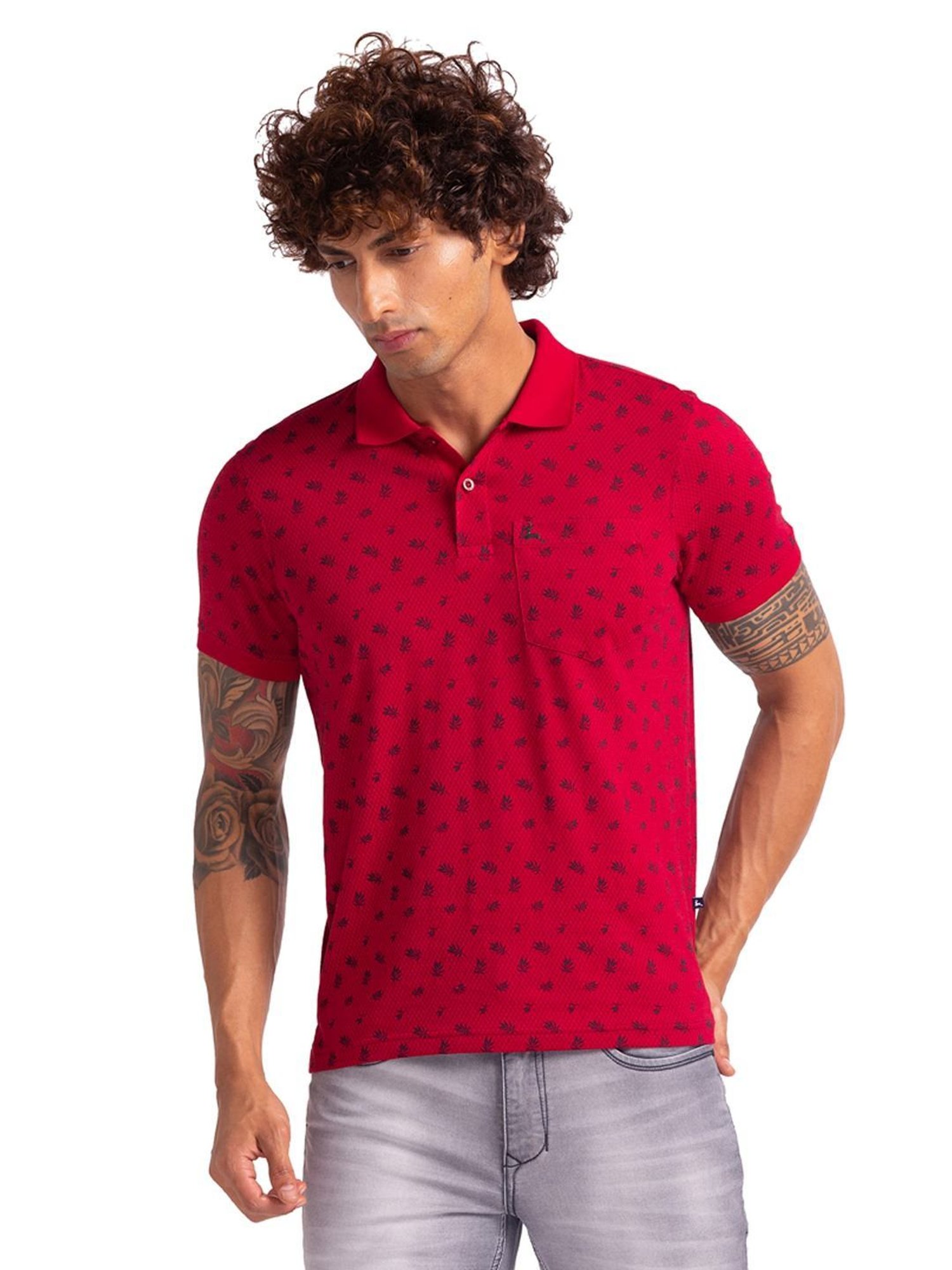 Parx Maroon Cotton Regular Fit Printed Polo T-Shirt